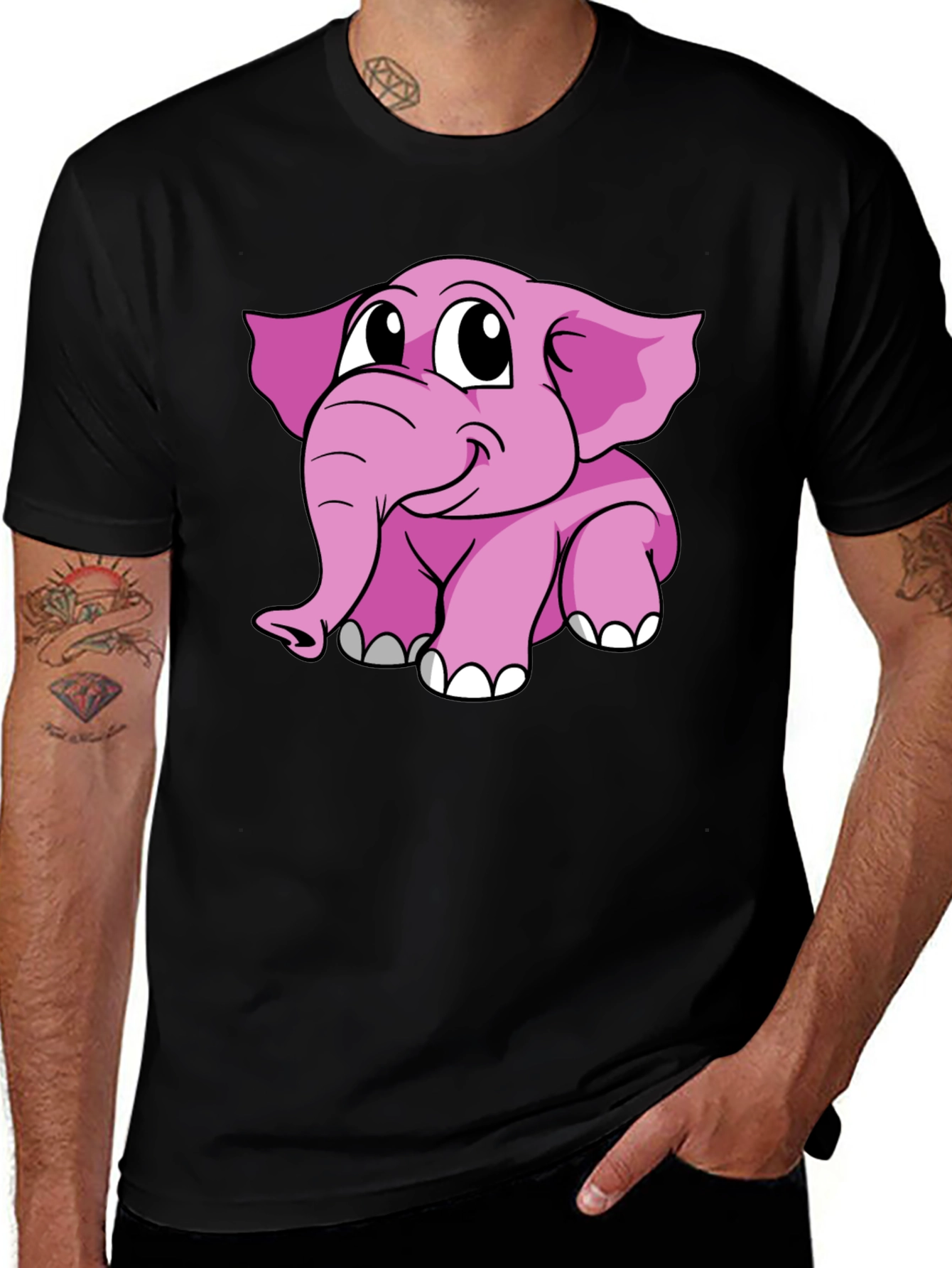 Cute Pink Elephant Graphic Tee - Black Cotton Shirt