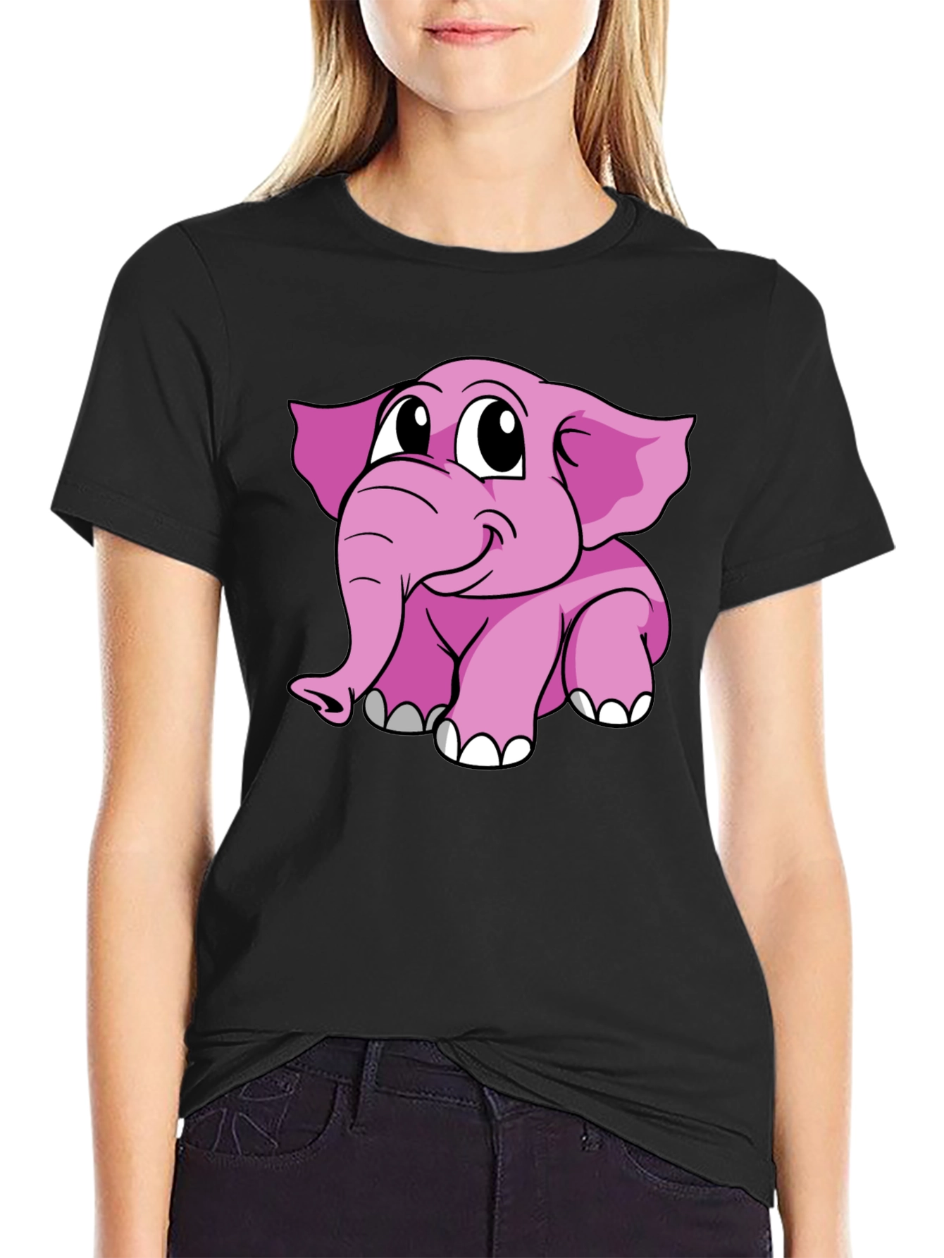 Cute Pink Elephant Graphic Tee - Black Cotton Shirt