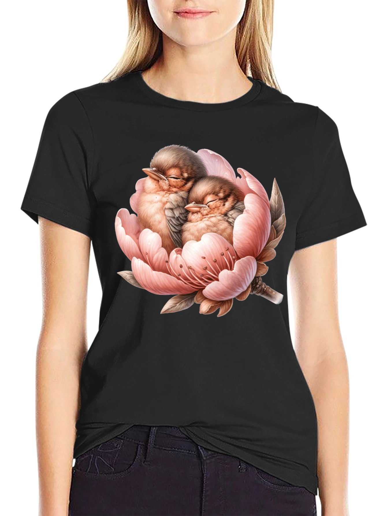 Birds in Bloom Black Graphic Tee