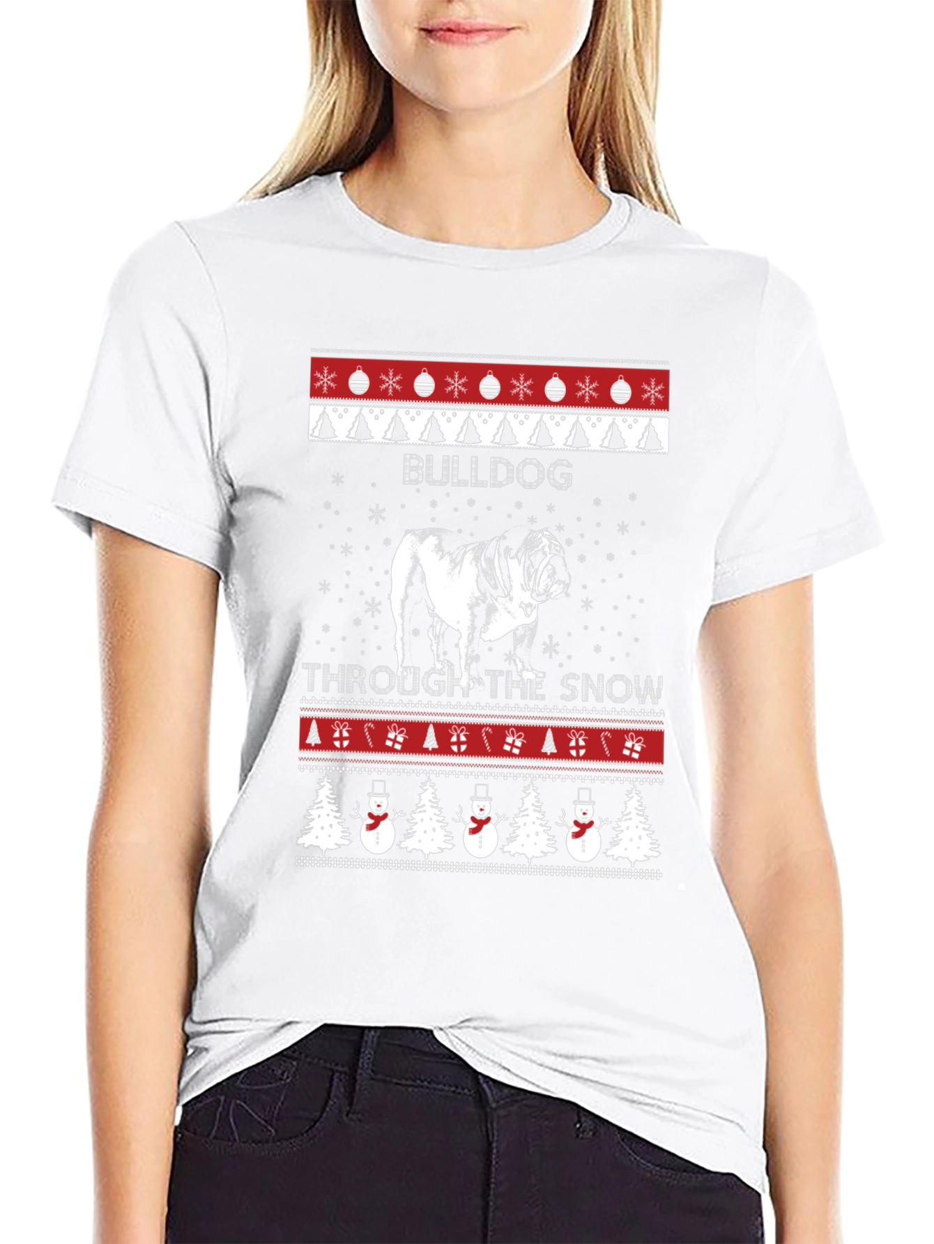 Bulldog Through the Snow Christmas T-Shirt