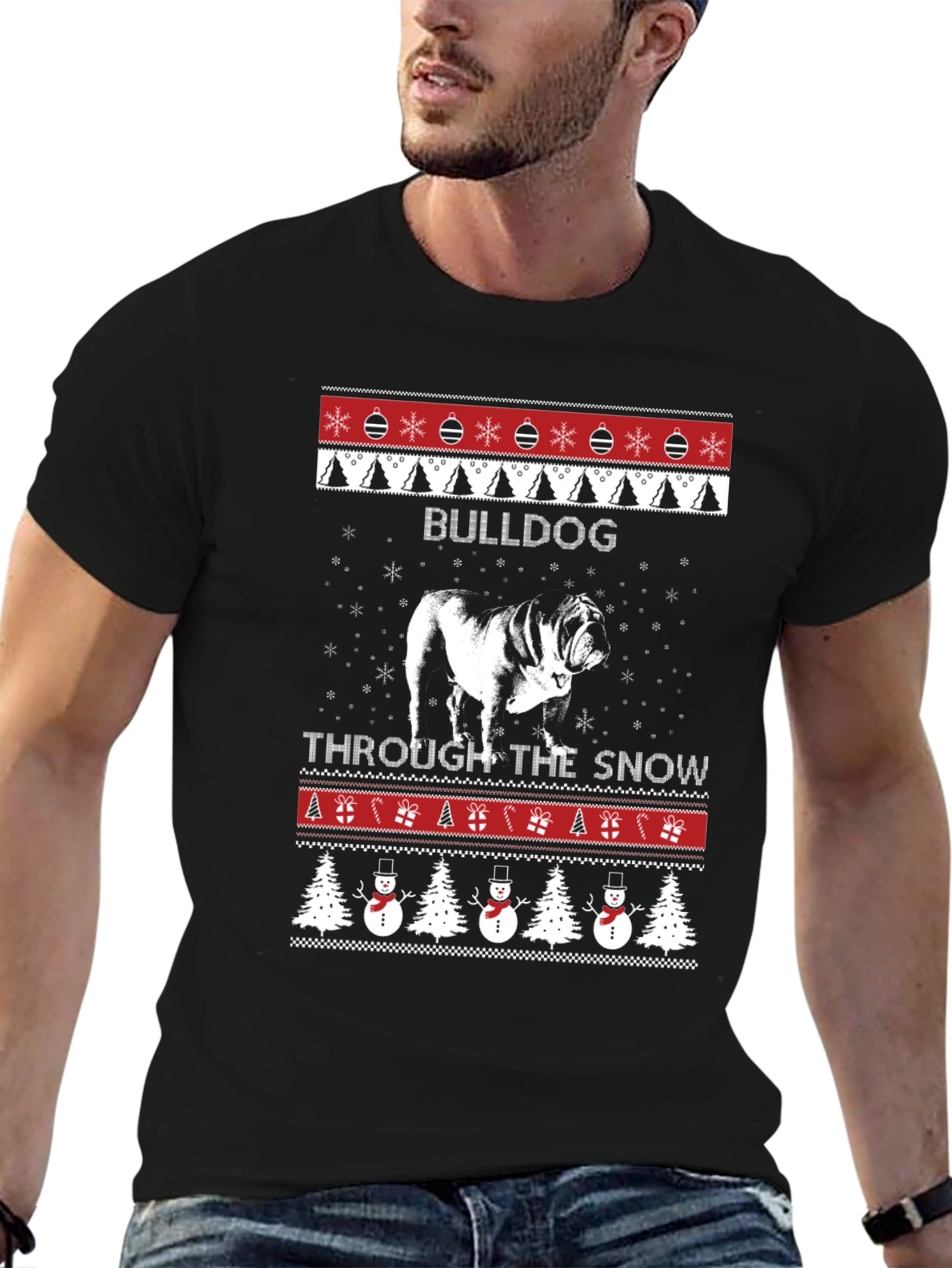 Bulldog Through the Snow Christmas T-Shirt