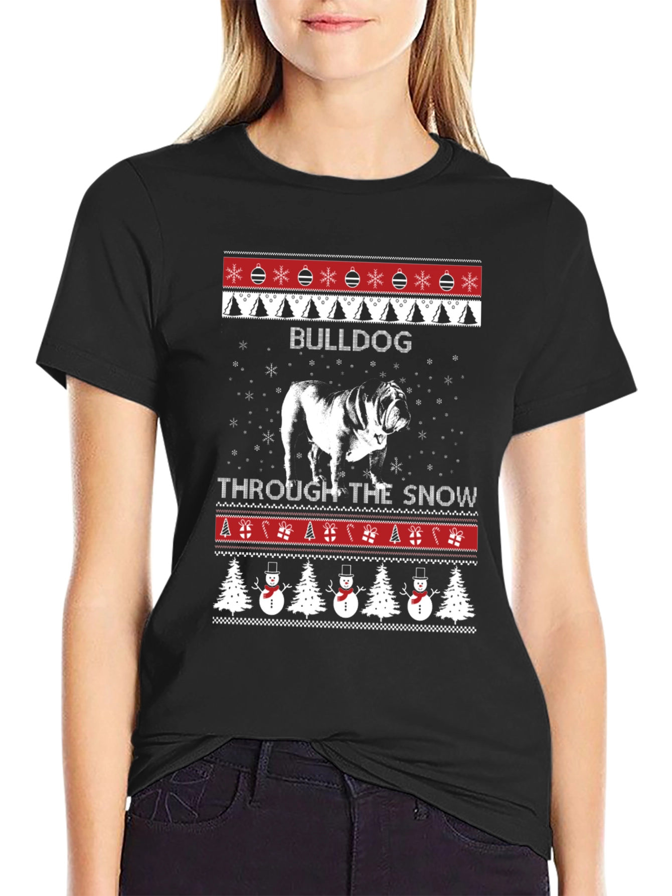 Bulldog Through the Snow Christmas T-Shirt