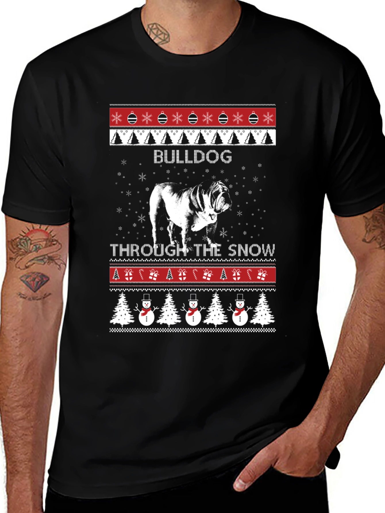 Bulldog Through the Snow Christmas T-Shirt