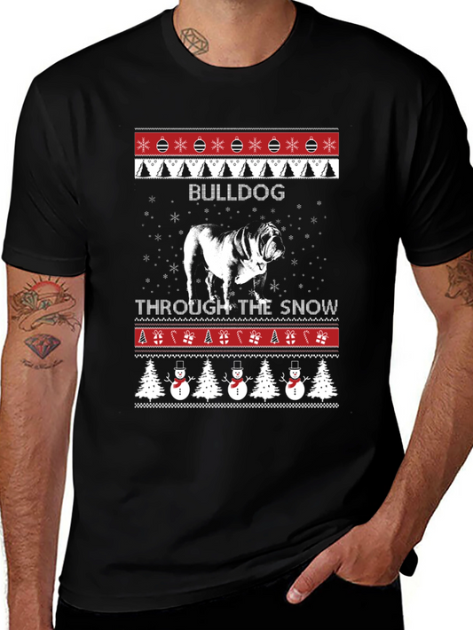Bulldog Through the Snow Christmas T-Shirt