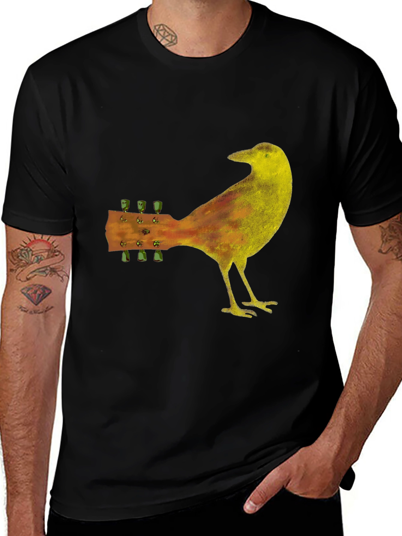 Guitar Bird Black T-Shirt - Music Lover Tee