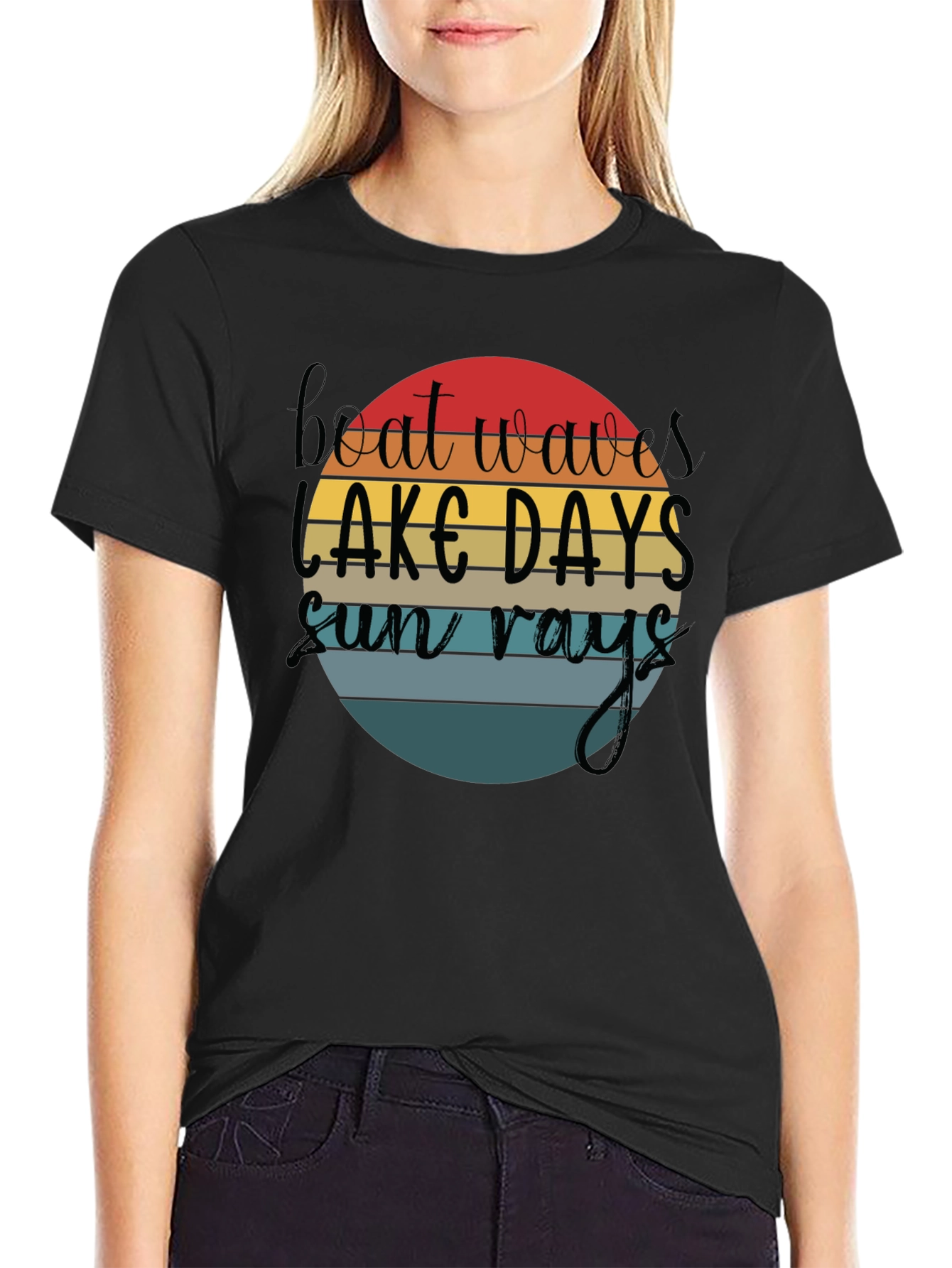 Boat Waves Lake Days Sun Rays Black T-Shirt