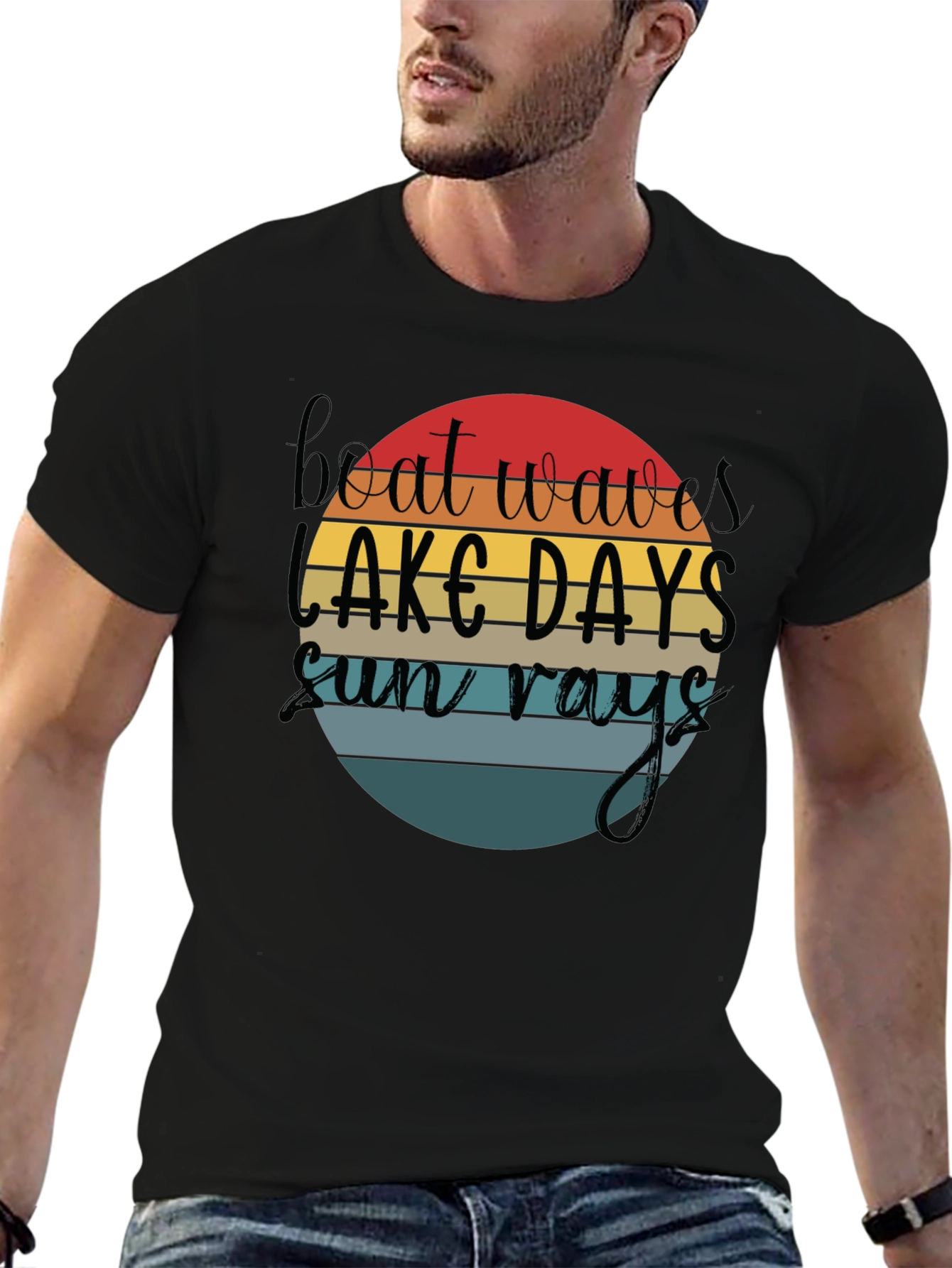 Boat Waves Lake Days Sun Rays Black T-Shirt
