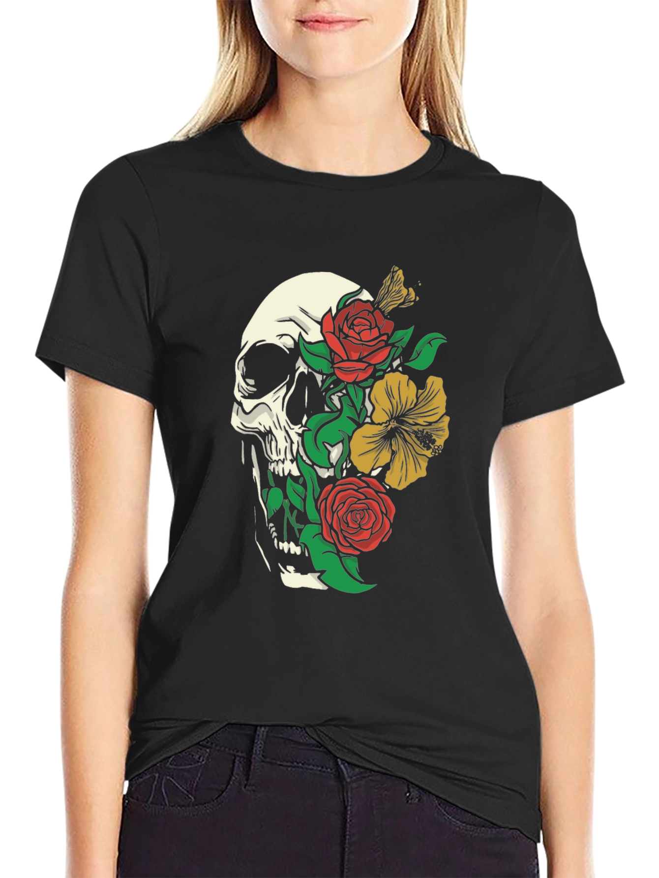 Skull & Flowers Graphic T-Shirt - Black