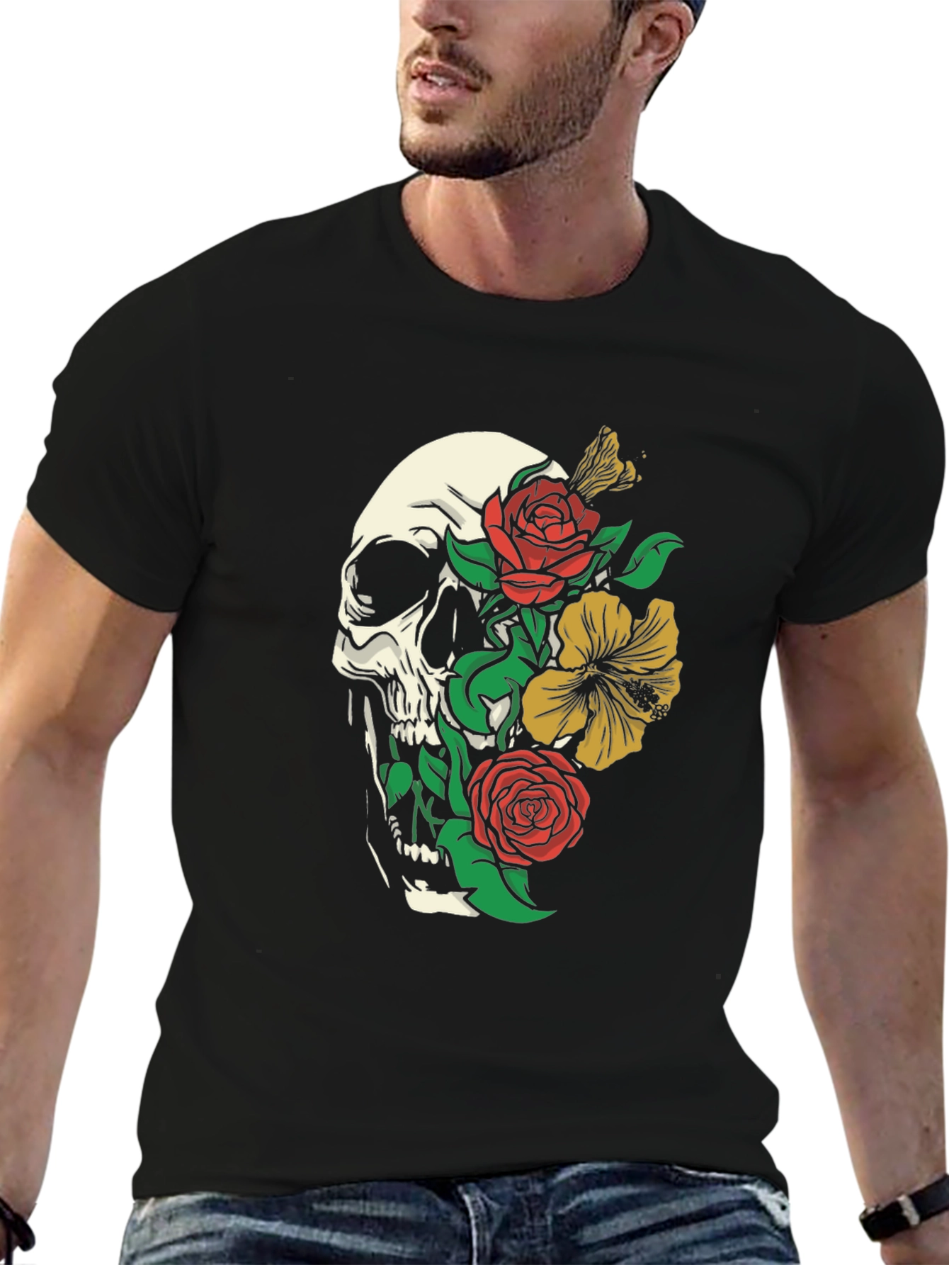 Skull & Flowers Graphic T-Shirt - Black
