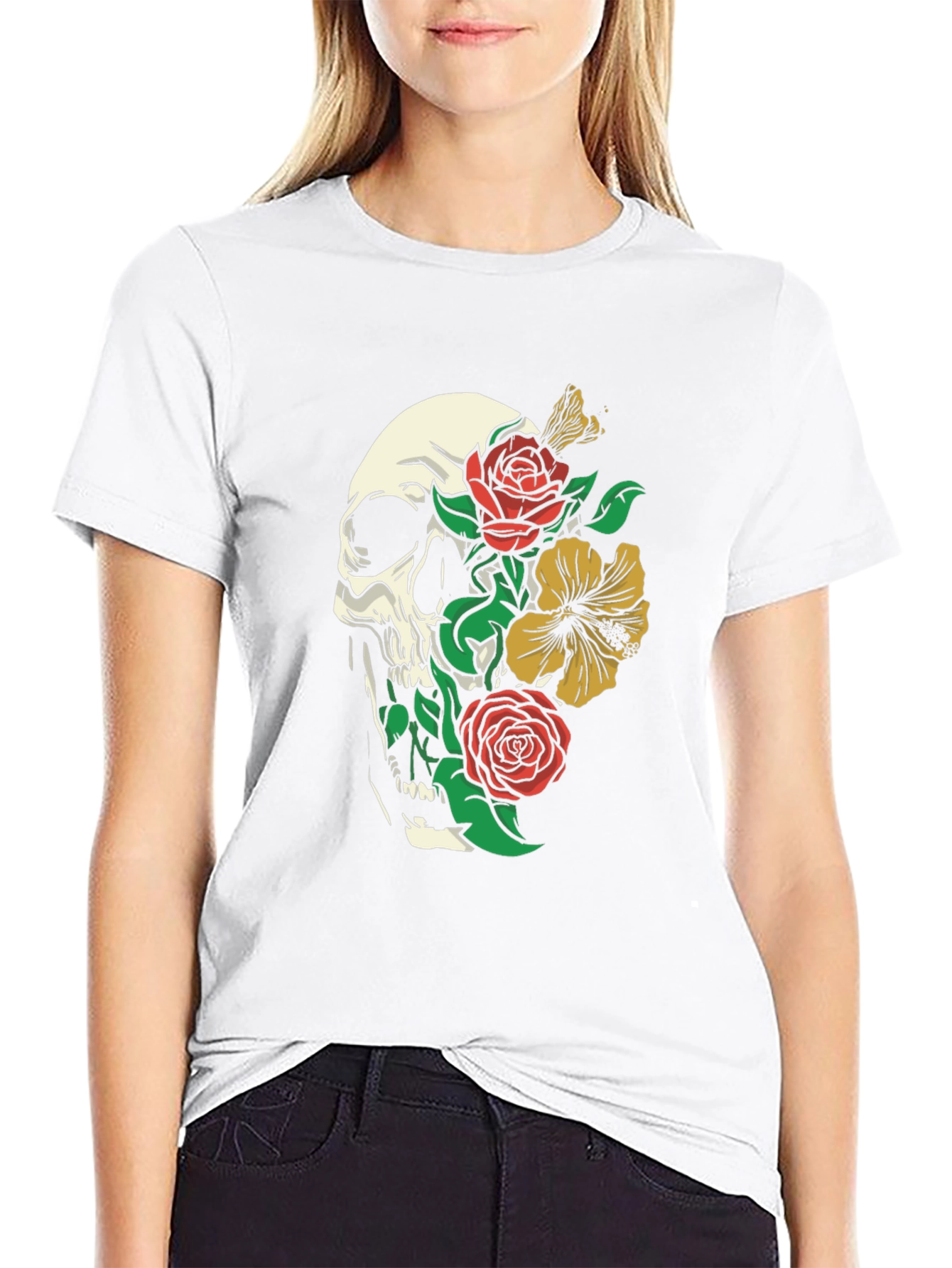 Skull & Flowers Graphic T-Shirt - Black