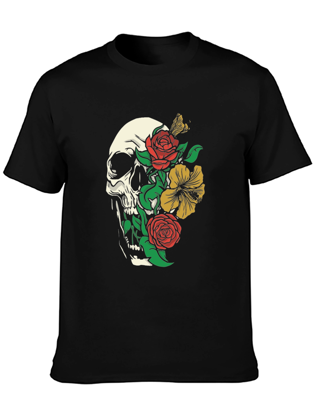 Skull & Flowers Graphic T-Shirt - Black