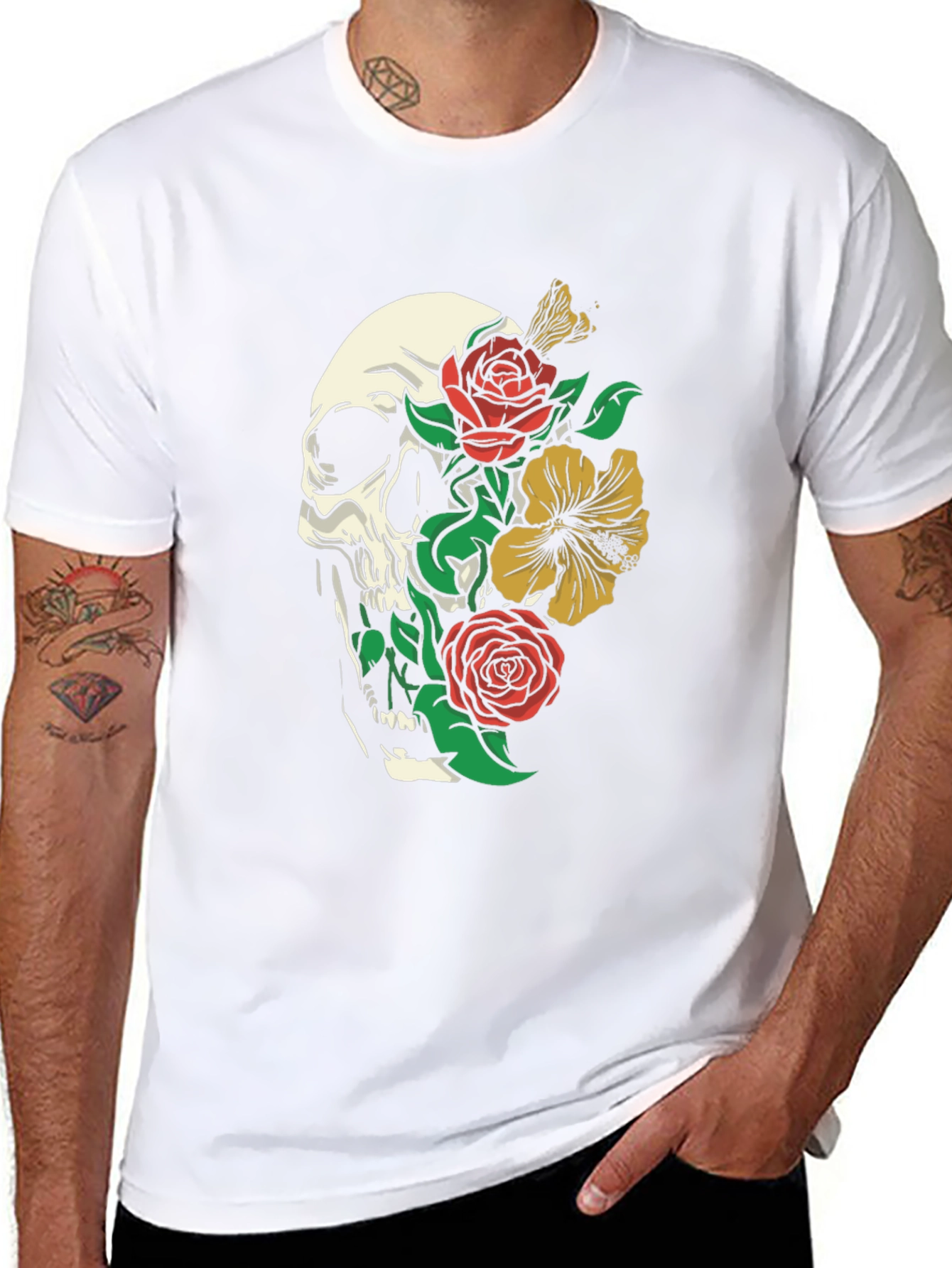 Skull & Flowers Graphic T-Shirt - Black