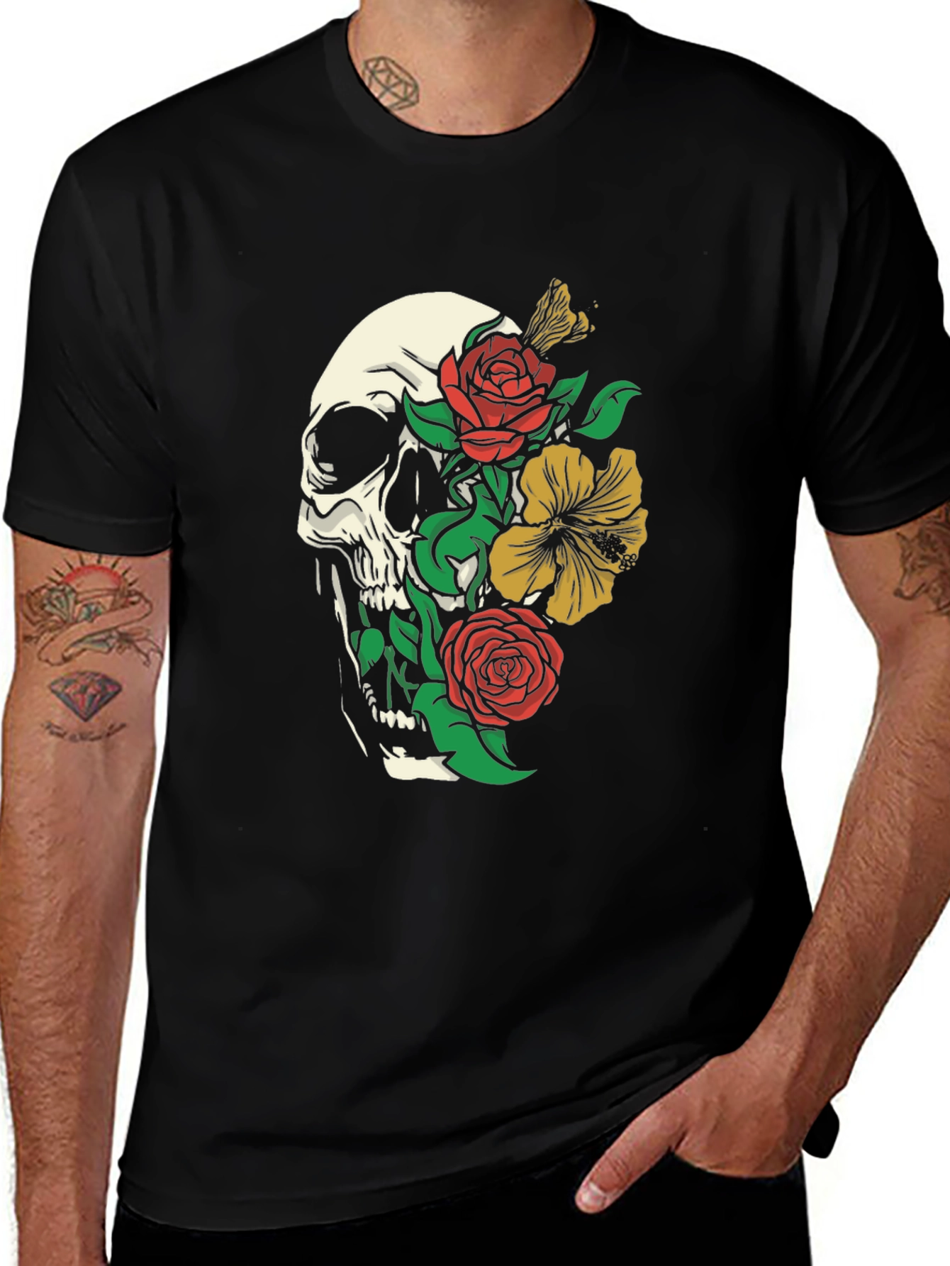 Skull & Flowers Graphic T-Shirt - Black