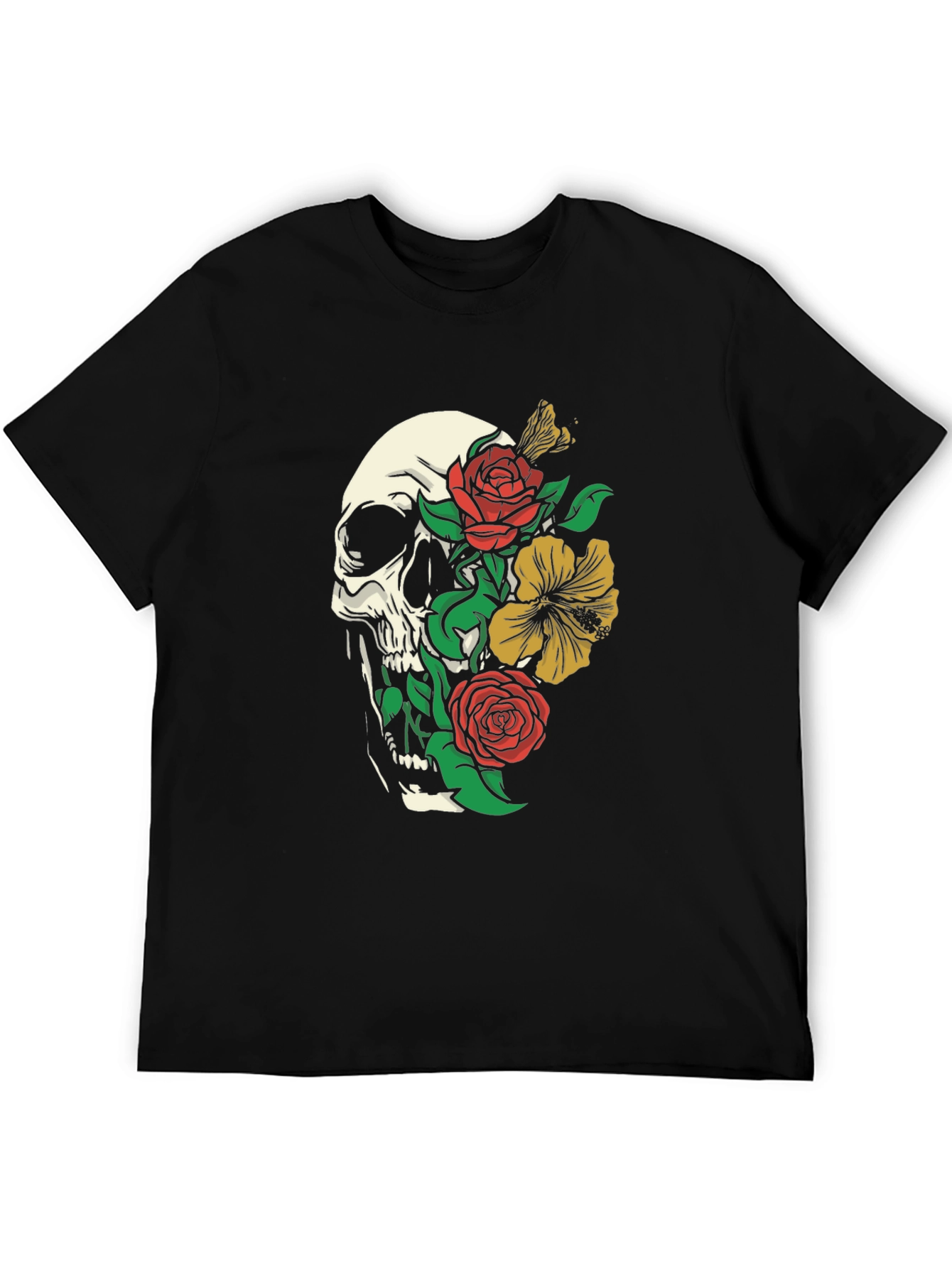 Skull & Flowers Graphic T-Shirt - Black