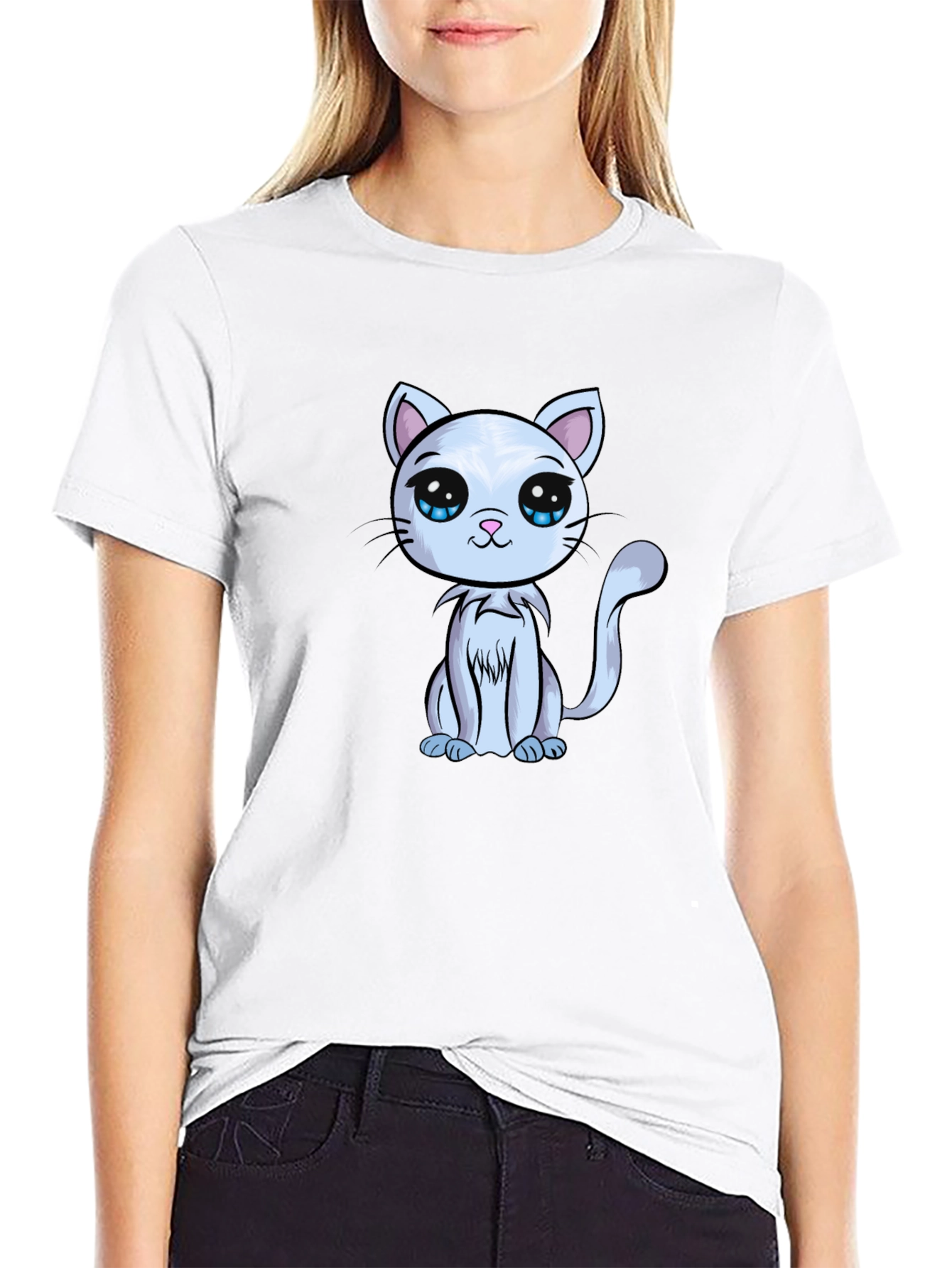 Cute Cartoon Cat Graphic Tee - Black T-Shirt