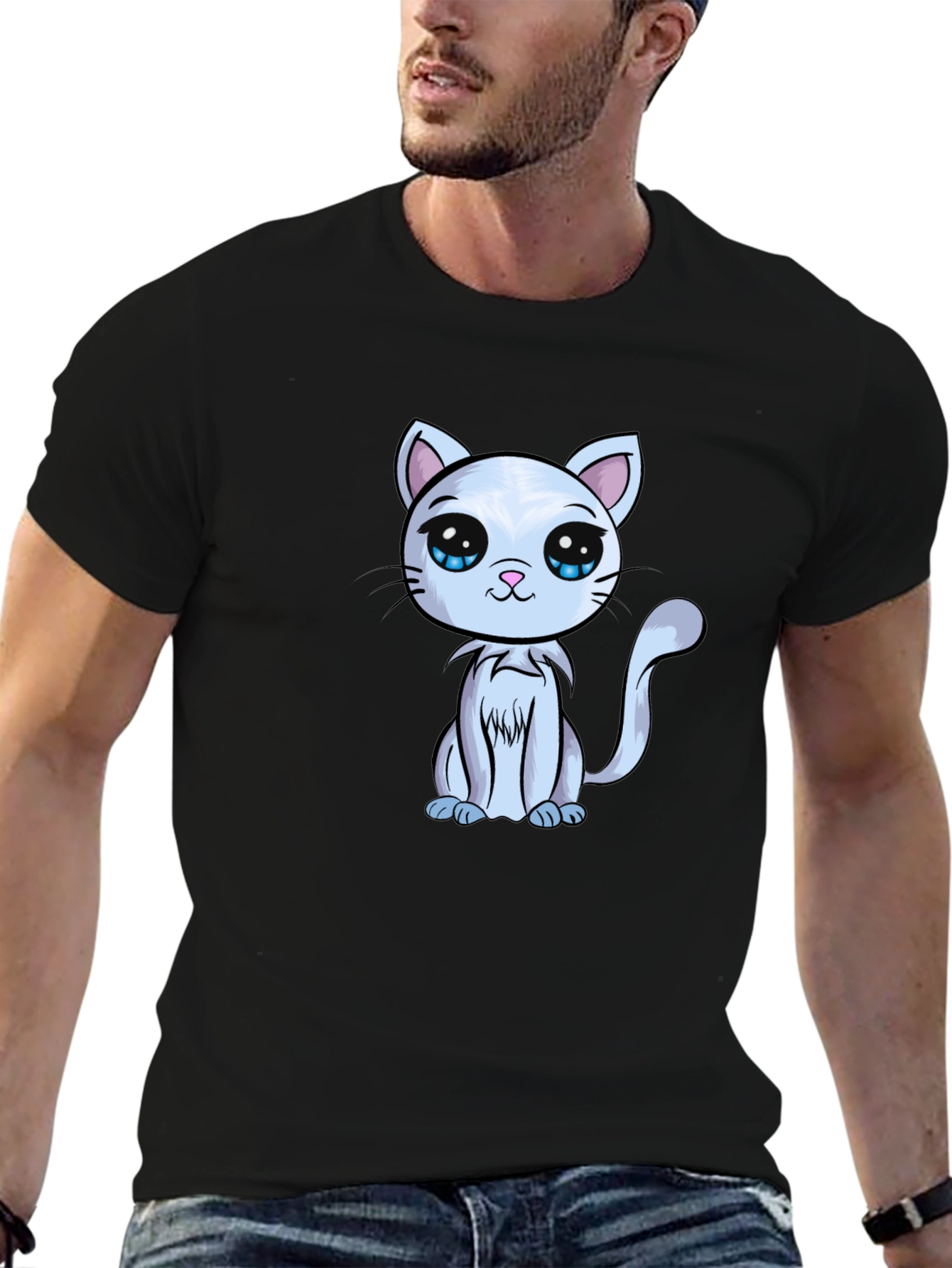 Cute Cartoon Cat Graphic Tee - Black T-Shirt
