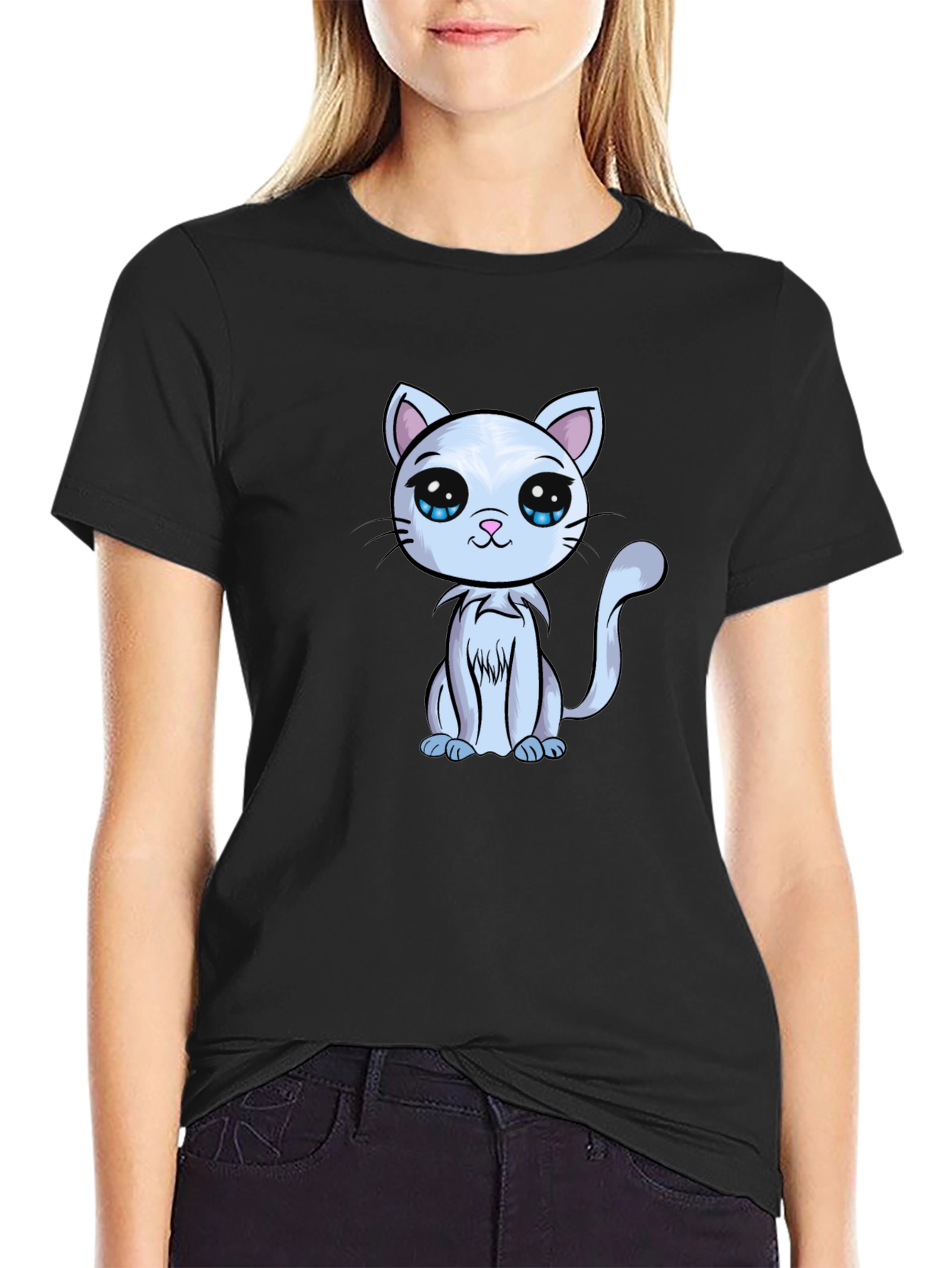 Cute Cartoon Cat Graphic Tee - Black T-Shirt