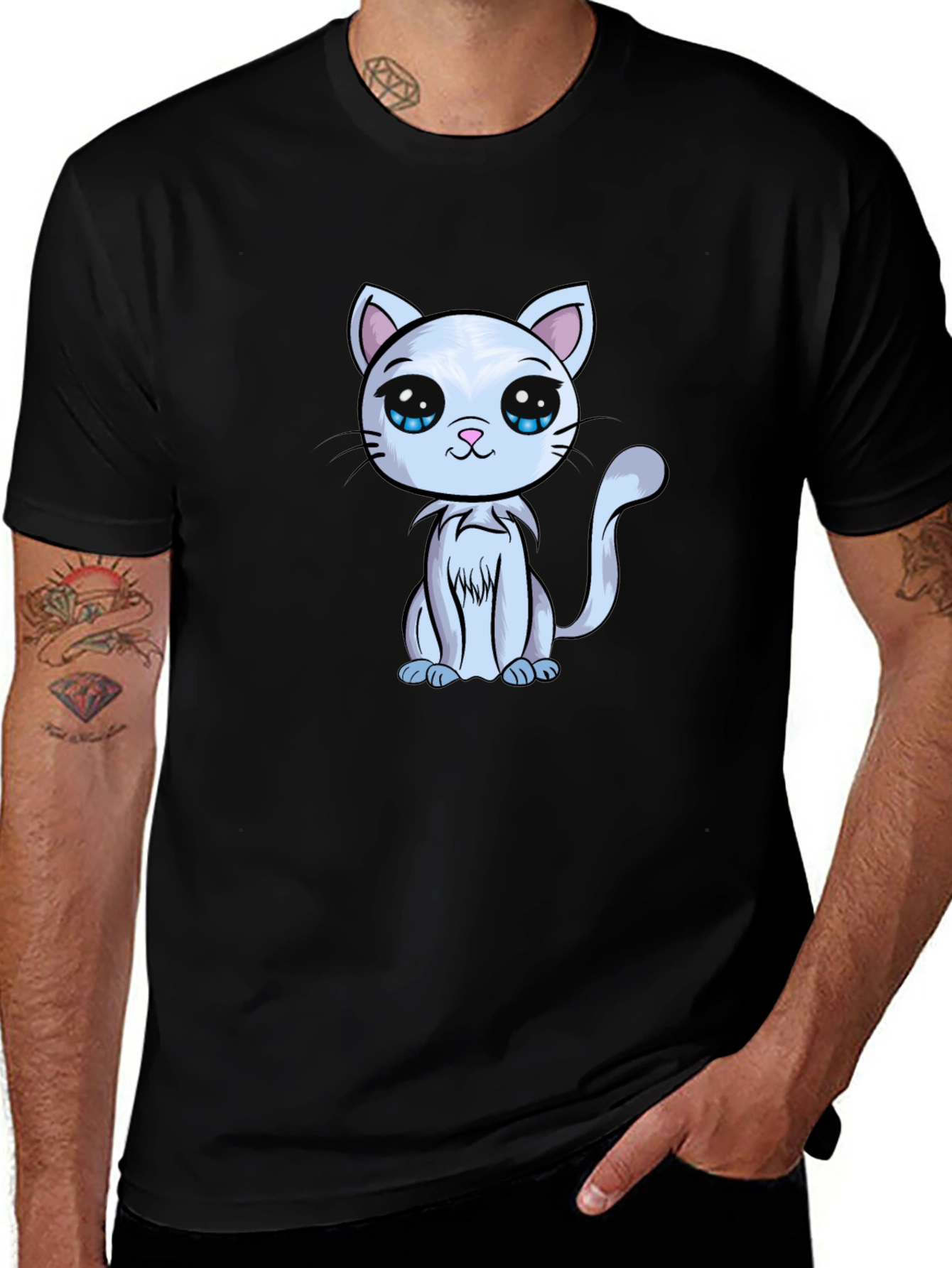 Cute Cartoon Cat Graphic Tee - Black T-Shirt