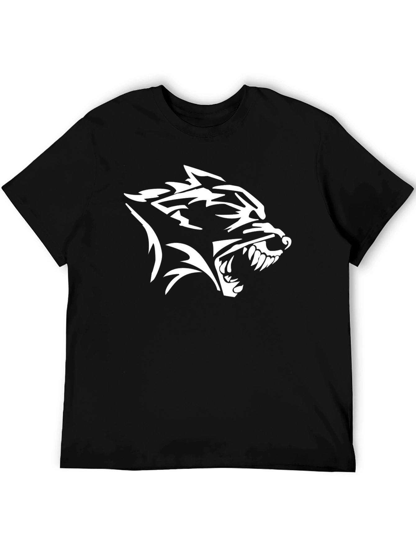 Black T-Shirt with White Wolf Head Graphic Print