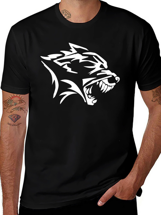 Black T-Shirt with White Wolf Head Graphic Print