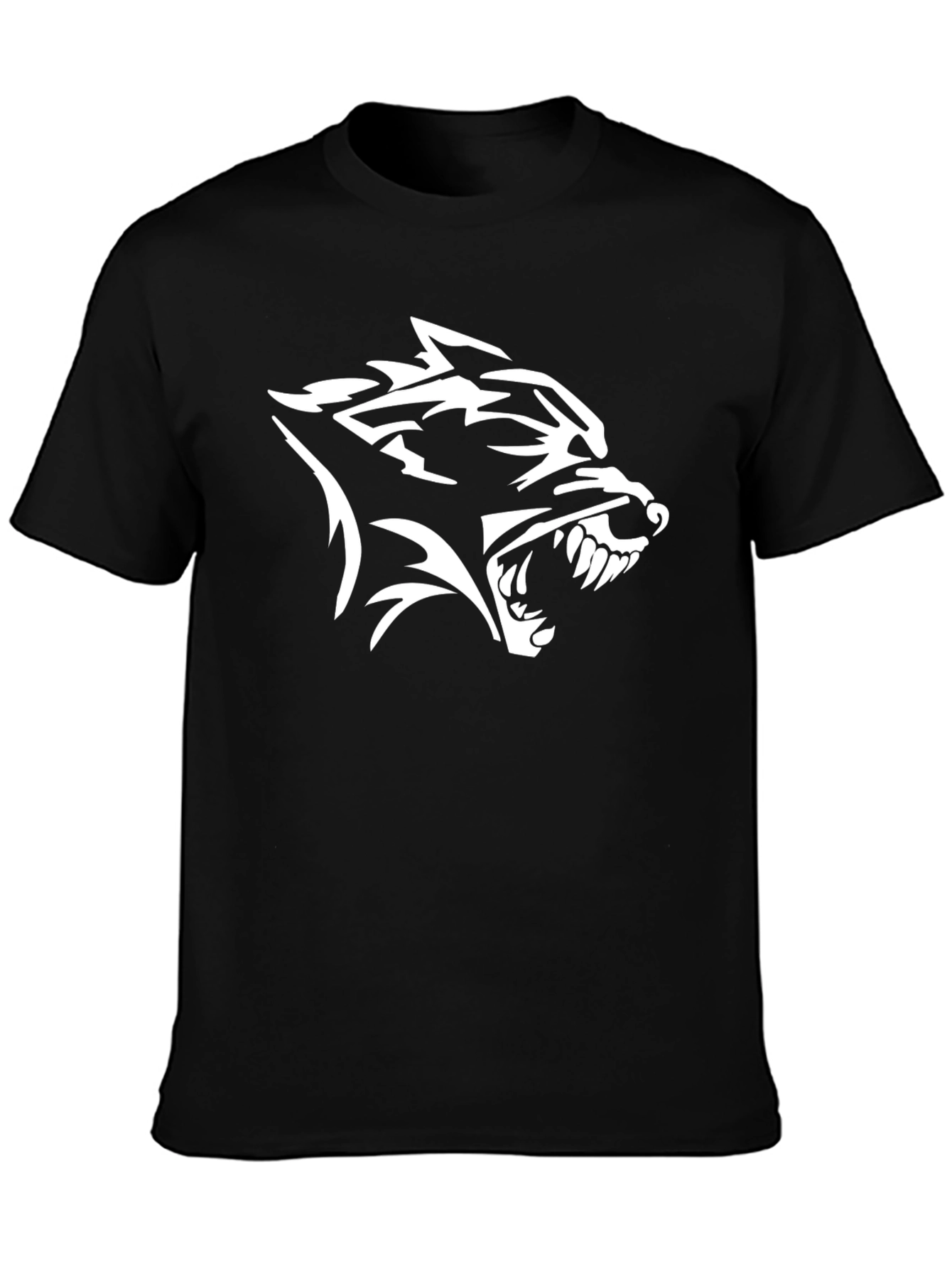 Black T-Shirt with White Wolf Head Graphic Print