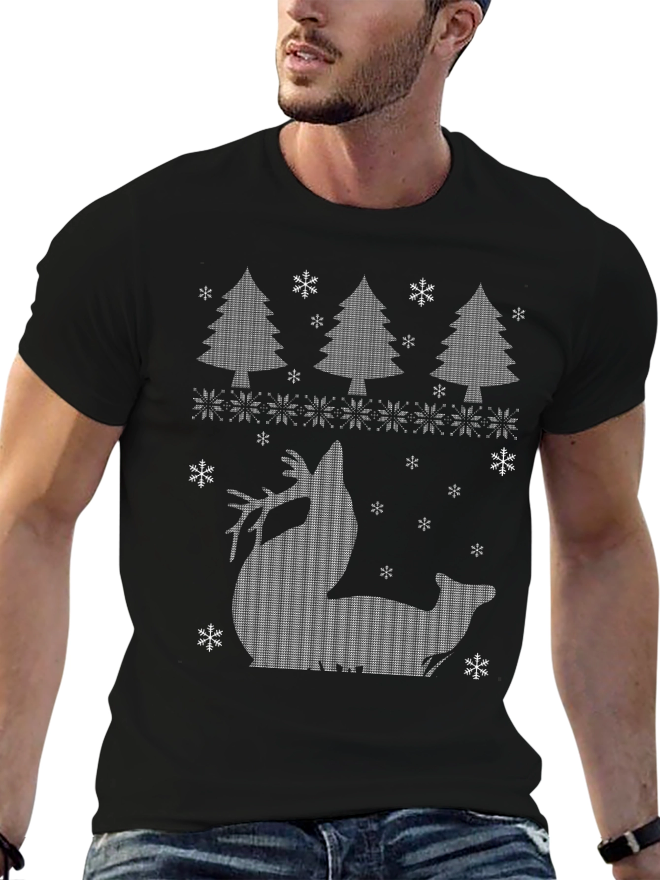 Christmas Reindeer Trees Black T-Shirt