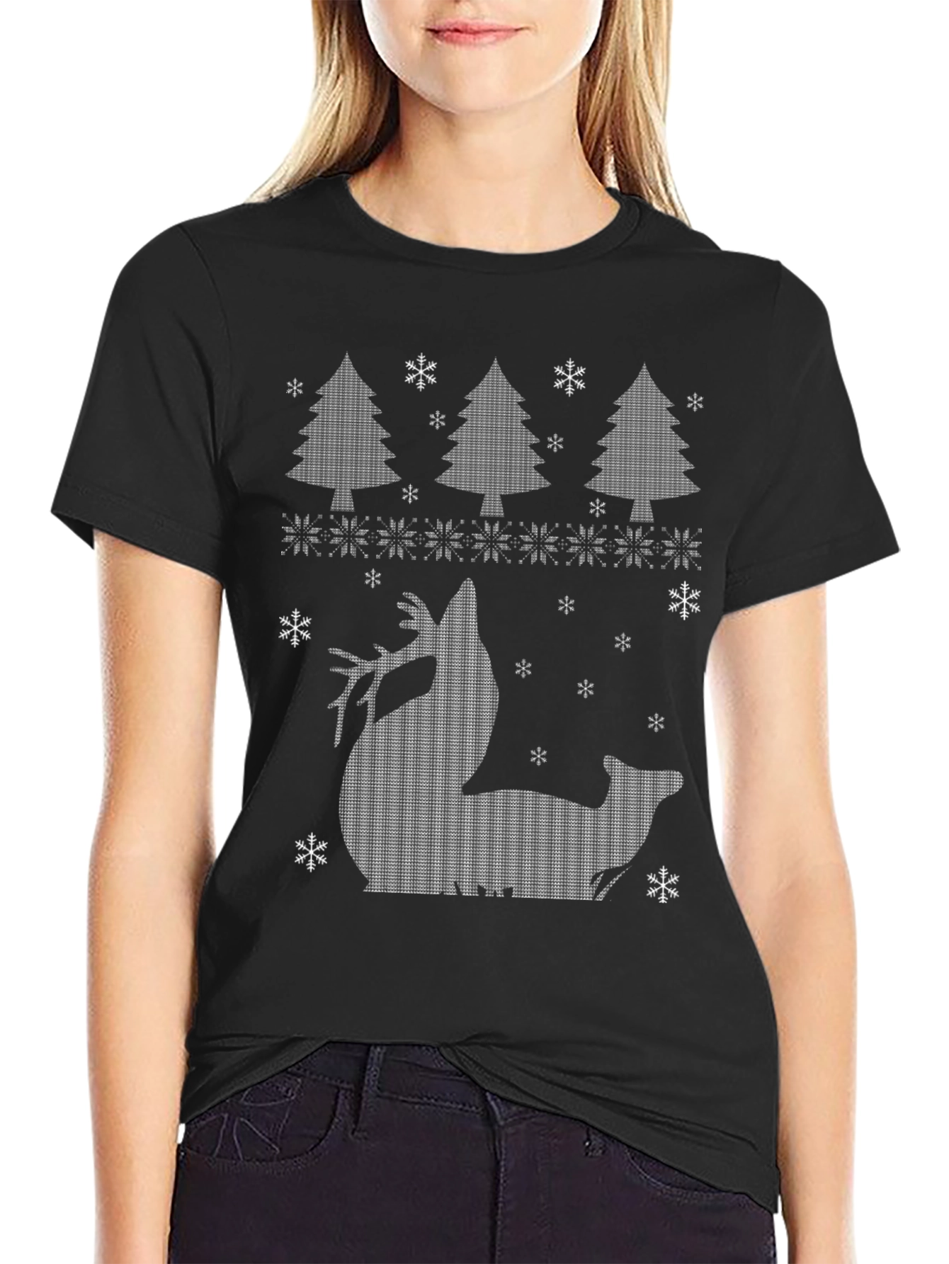 Christmas Reindeer Trees Black T-Shirt
