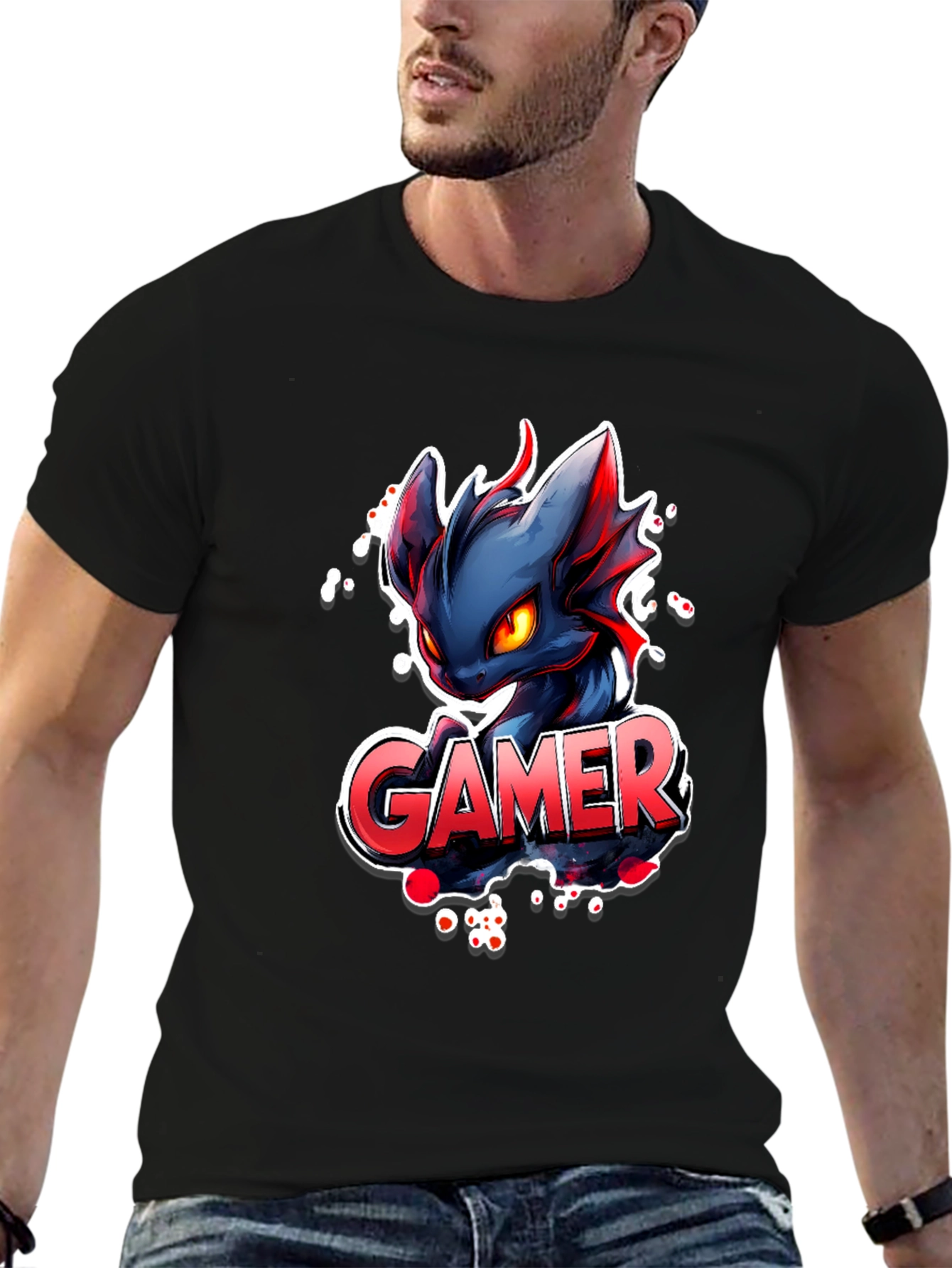 Gamer Dragon Graphic Tee - Black Cotton T-Shirt