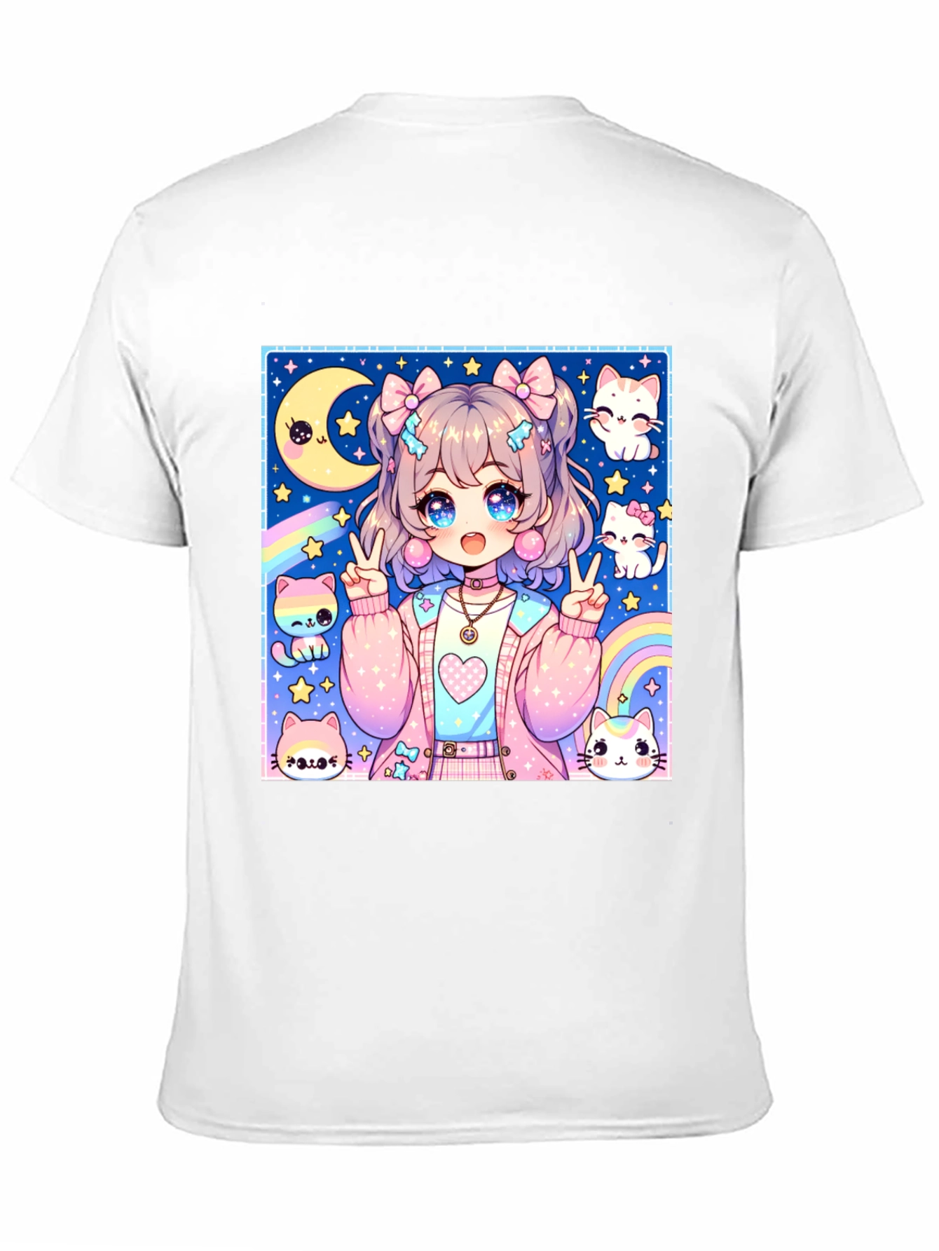 Anime Girl & Cats Graphic Print Black T-Shirt