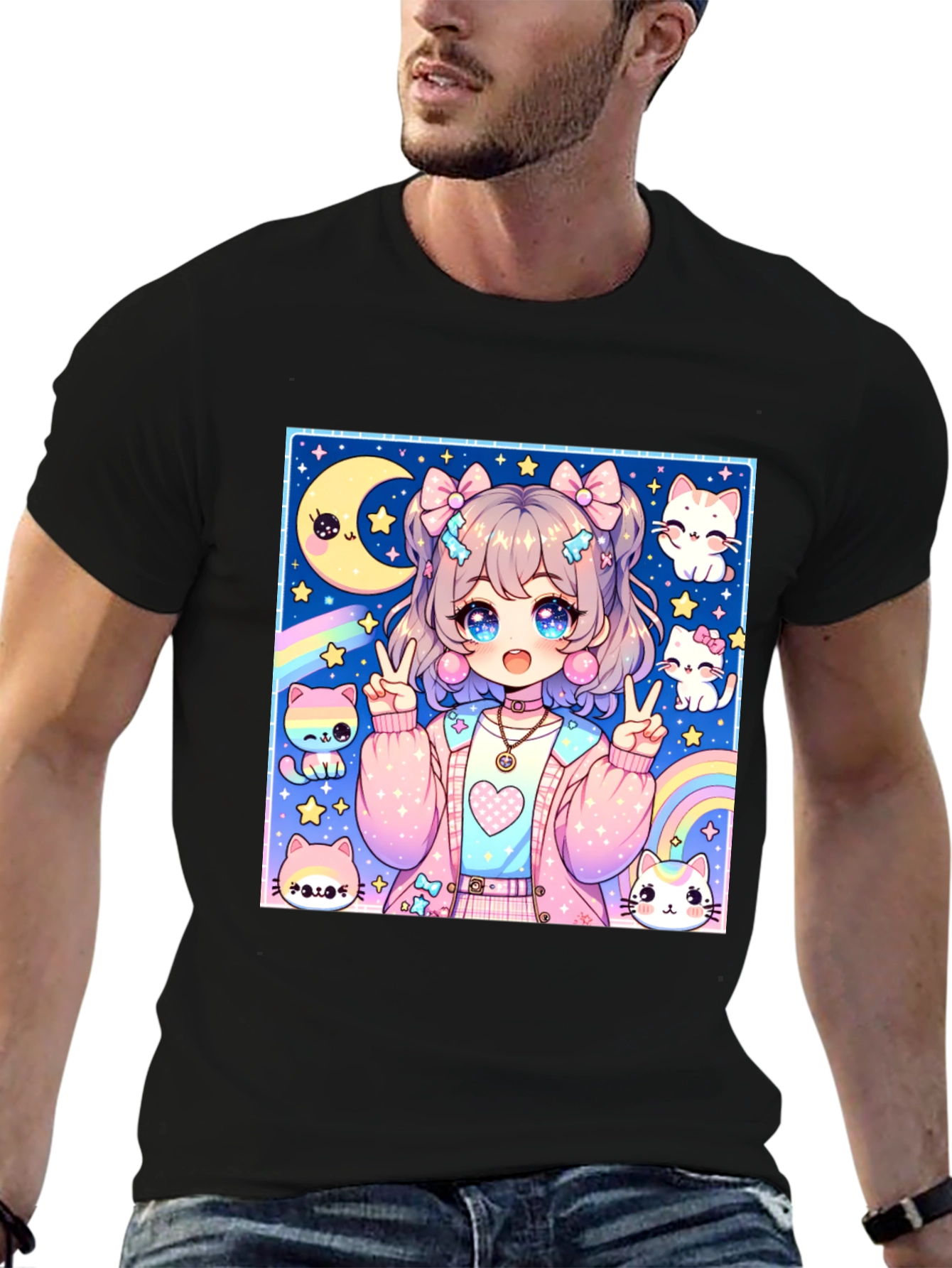 Anime Girl & Cats Graphic Print Black T-Shirt