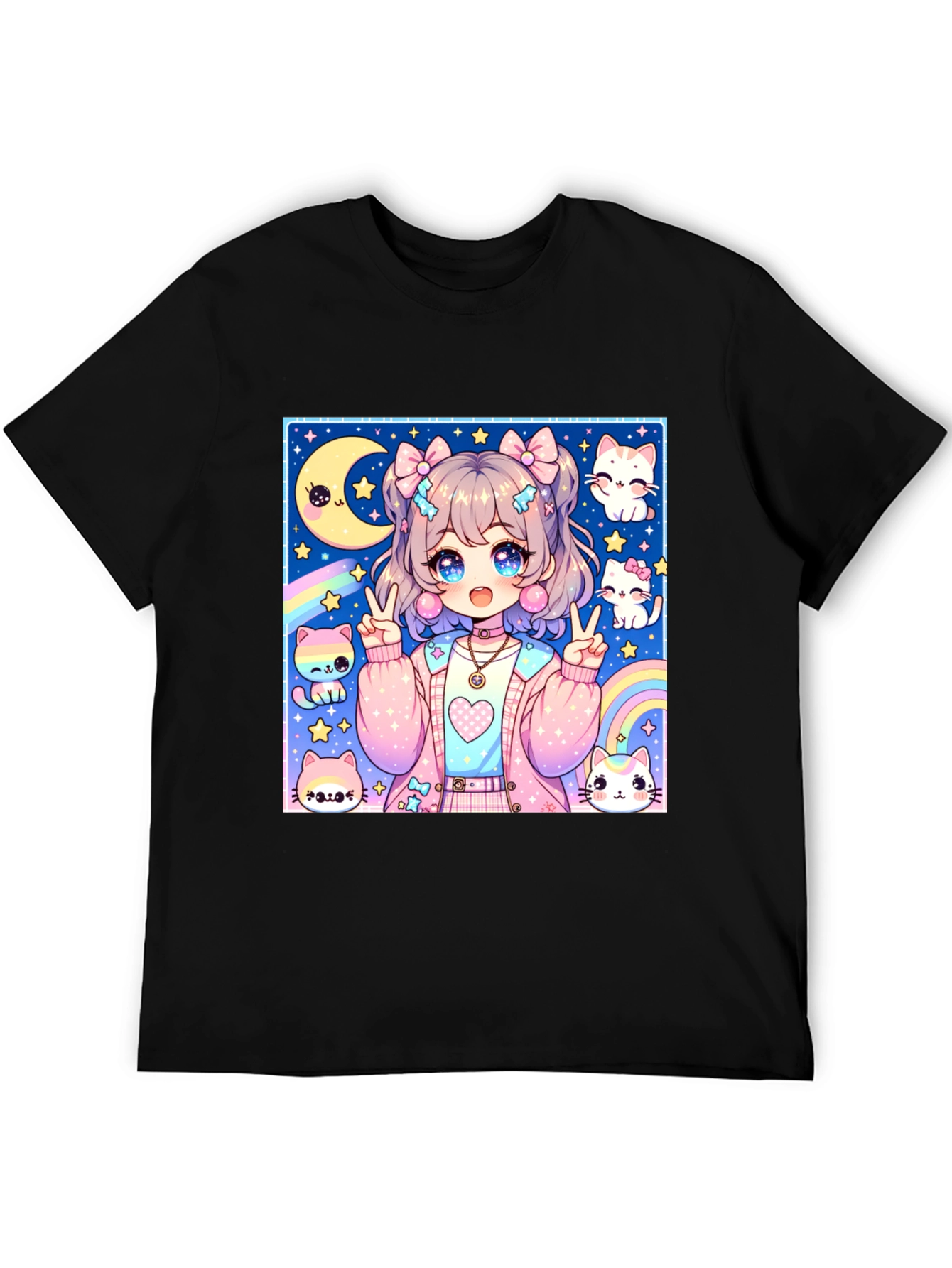Anime Girl & Cats Graphic Print Black T-Shirt