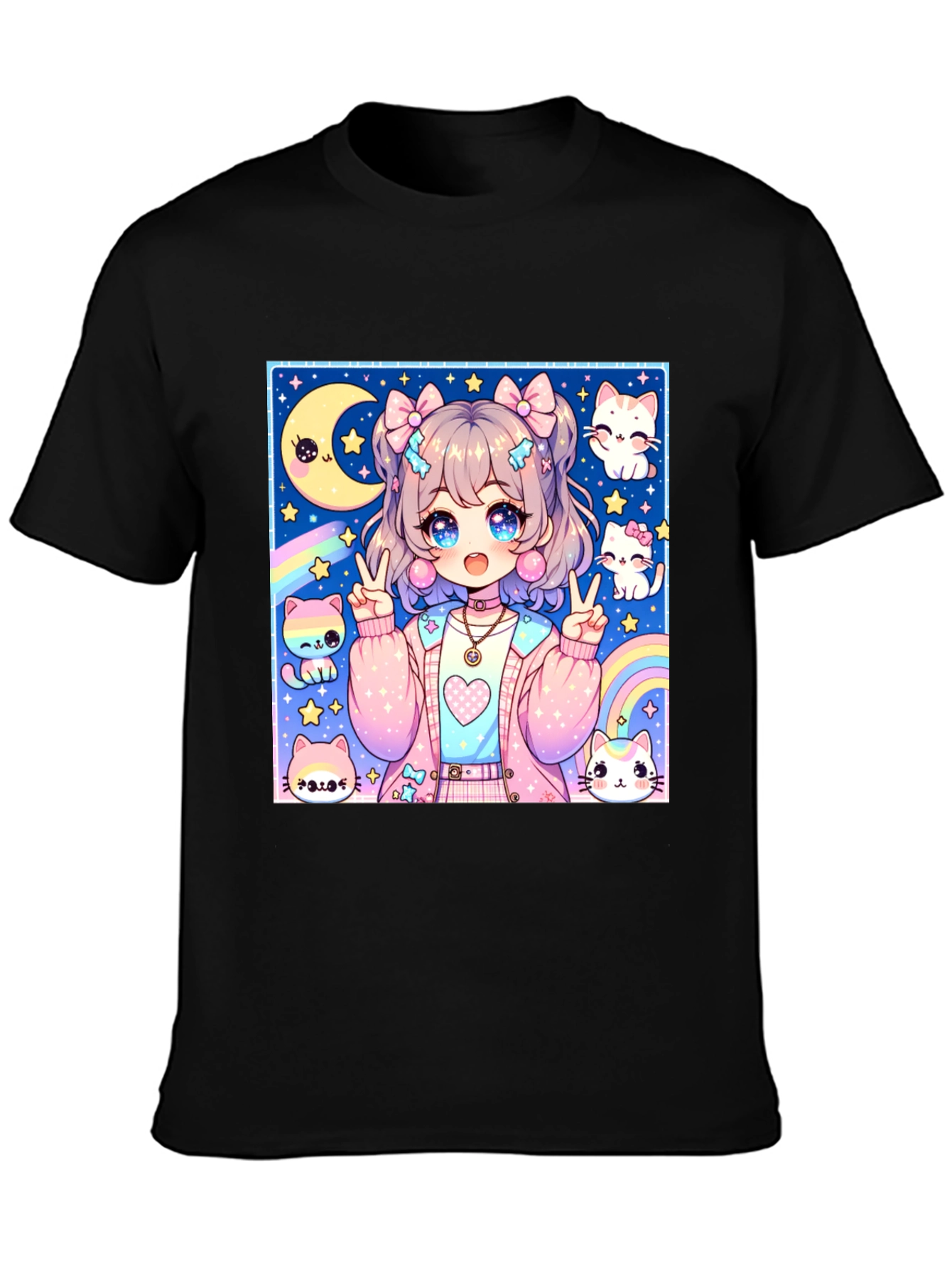 Anime Girl & Cats Graphic Print Black T-Shirt