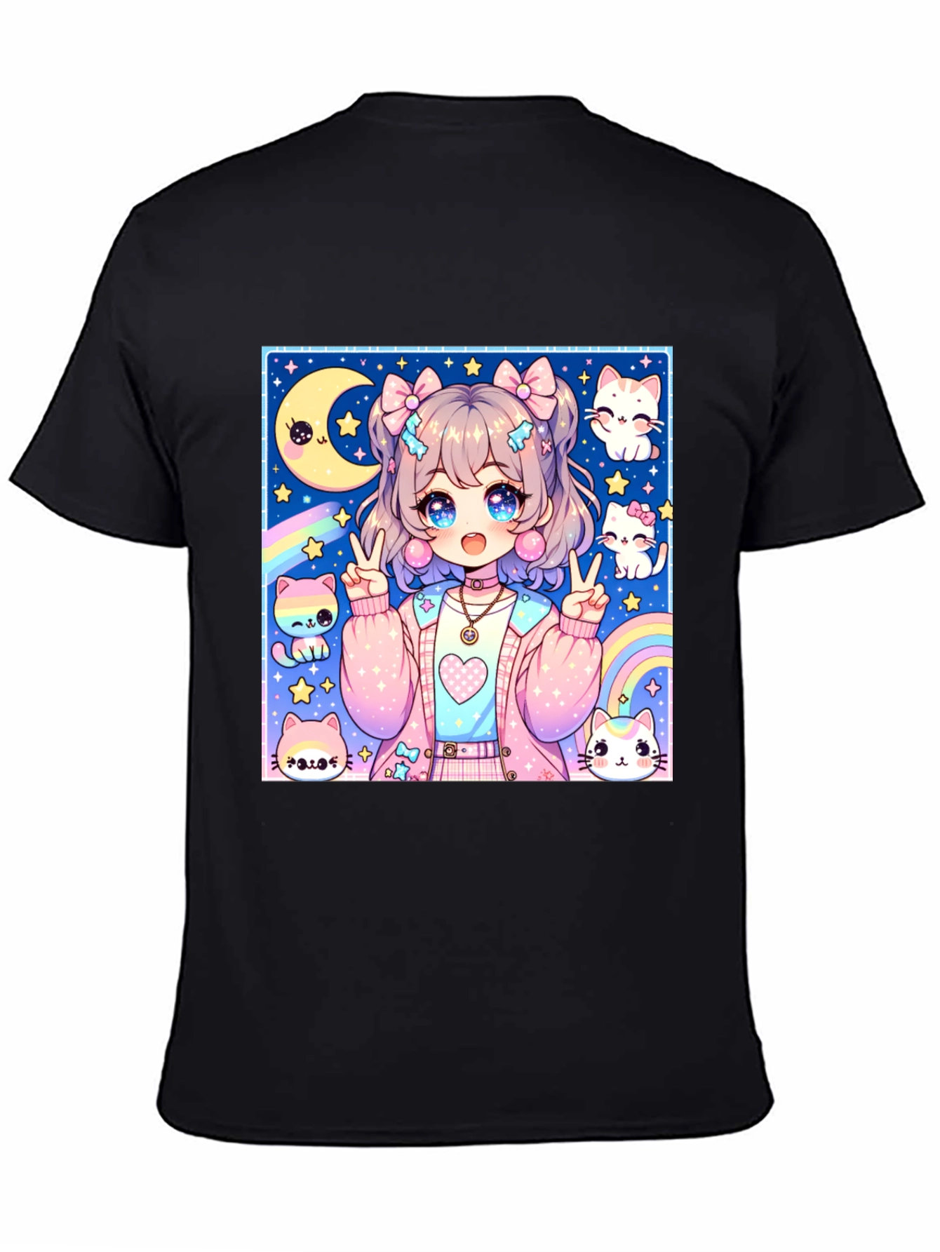 Anime Girl & Cats Graphic Print Black T-Shirt