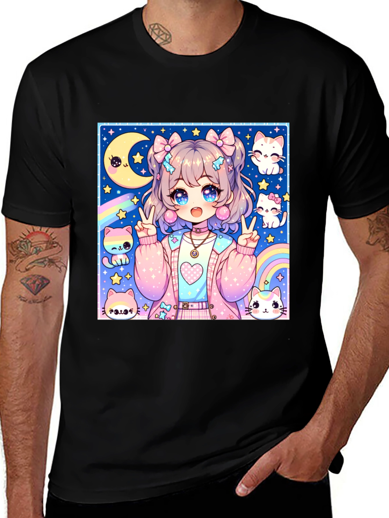 Anime Girl & Cats Graphic Print Black T-Shirt
