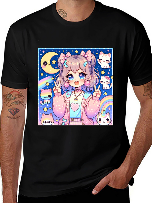 Anime Girl & Cats Graphic Print Black T-Shirt