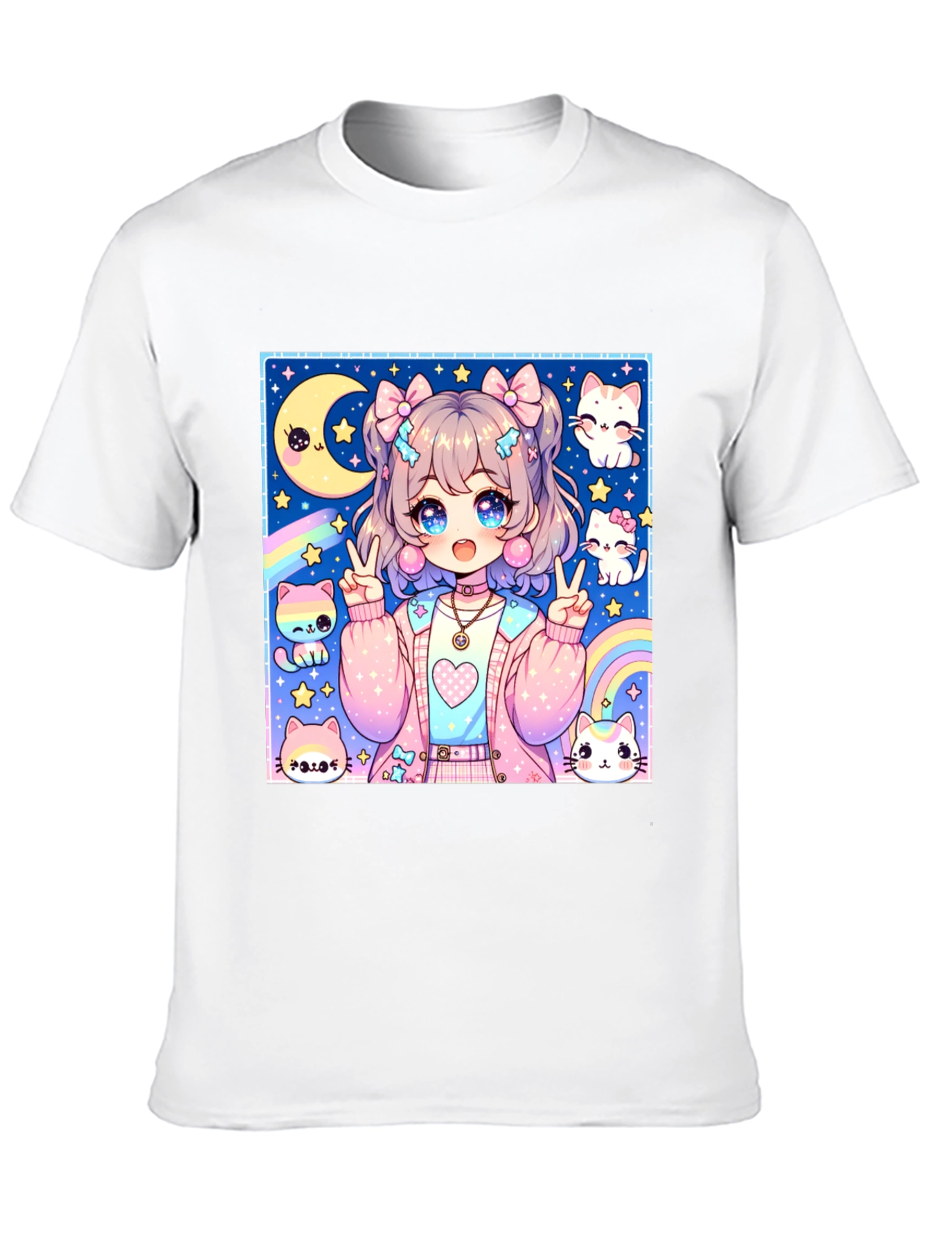 Anime Girl & Cats Graphic Print Black T-Shirt