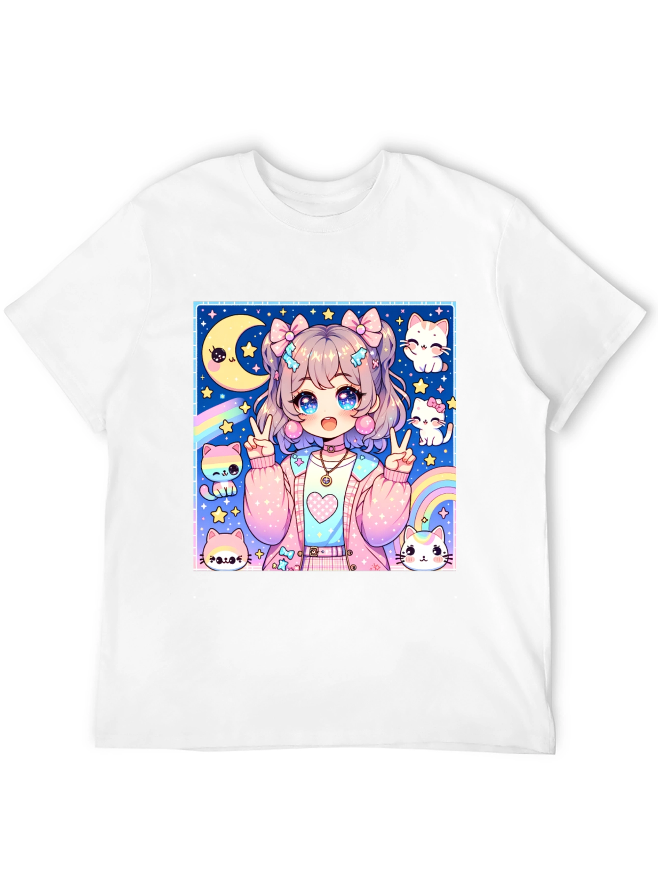 Anime Girl & Cats Graphic Print Black T-Shirt