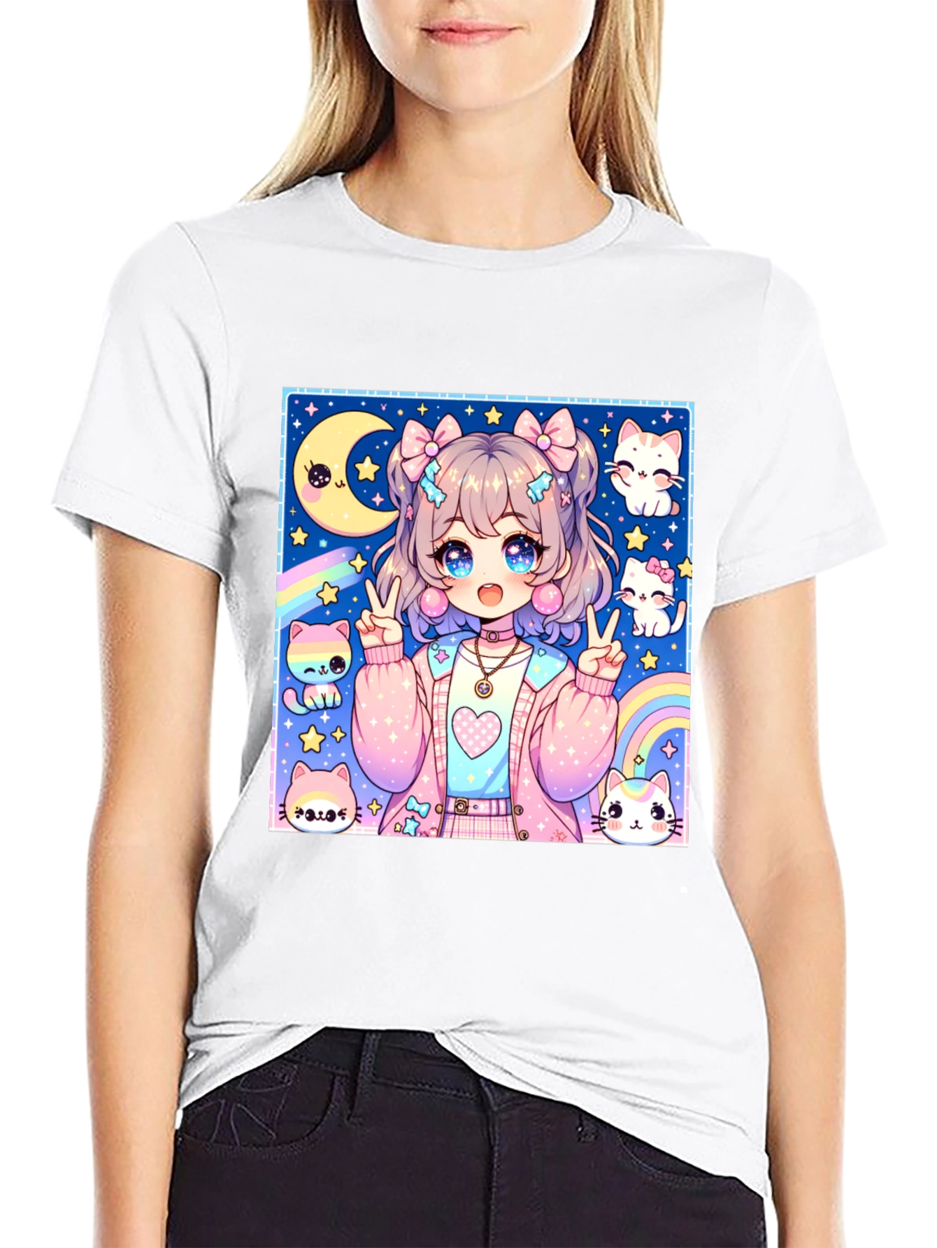 Anime Girl & Cats Graphic Print Black T-Shirt