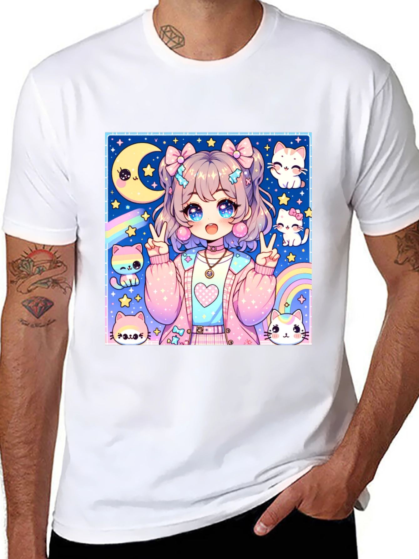 Anime Girl & Cats Graphic Print Black T-Shirt
