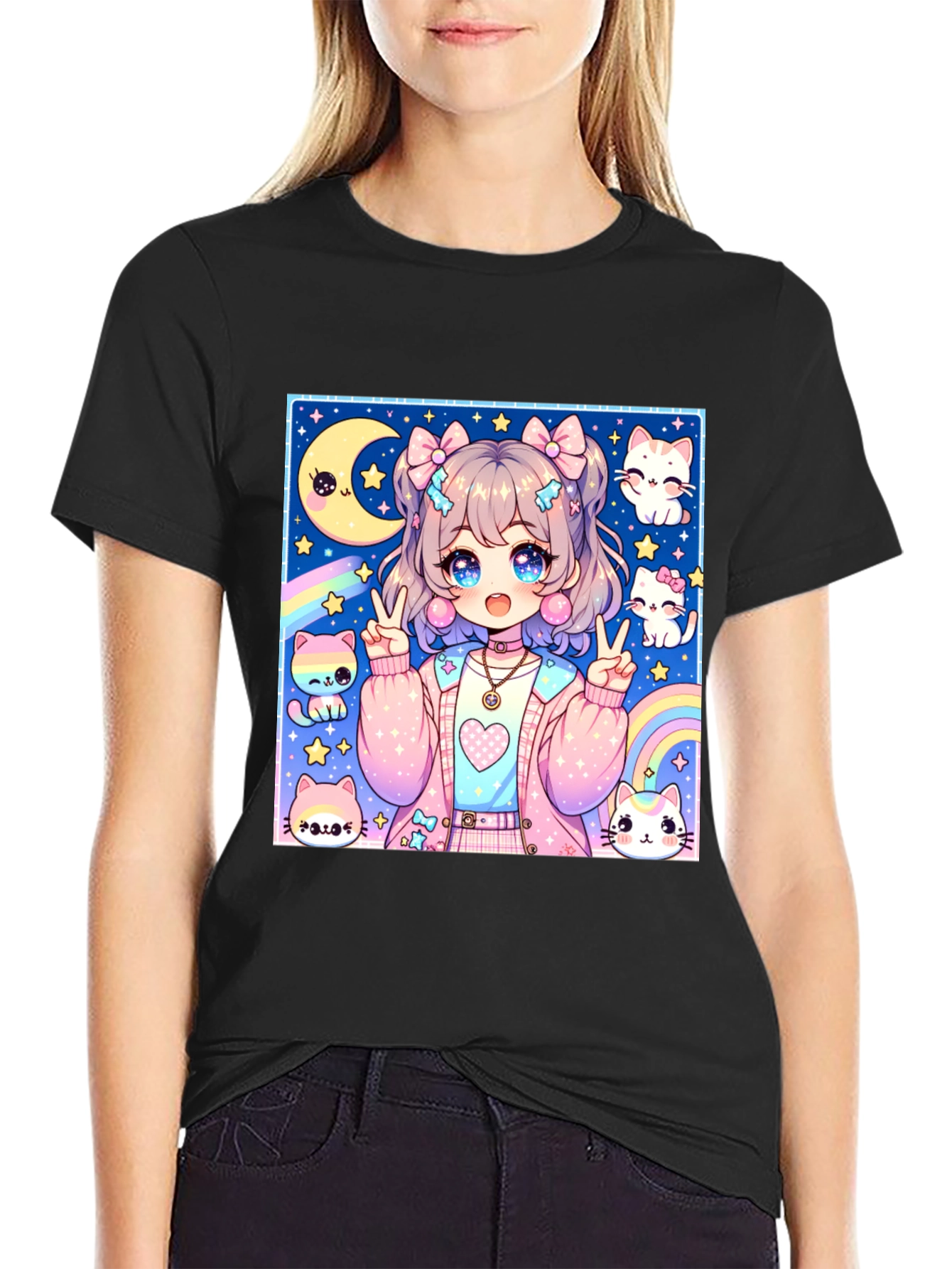 Anime Girl & Cats Graphic Print Black T-Shirt