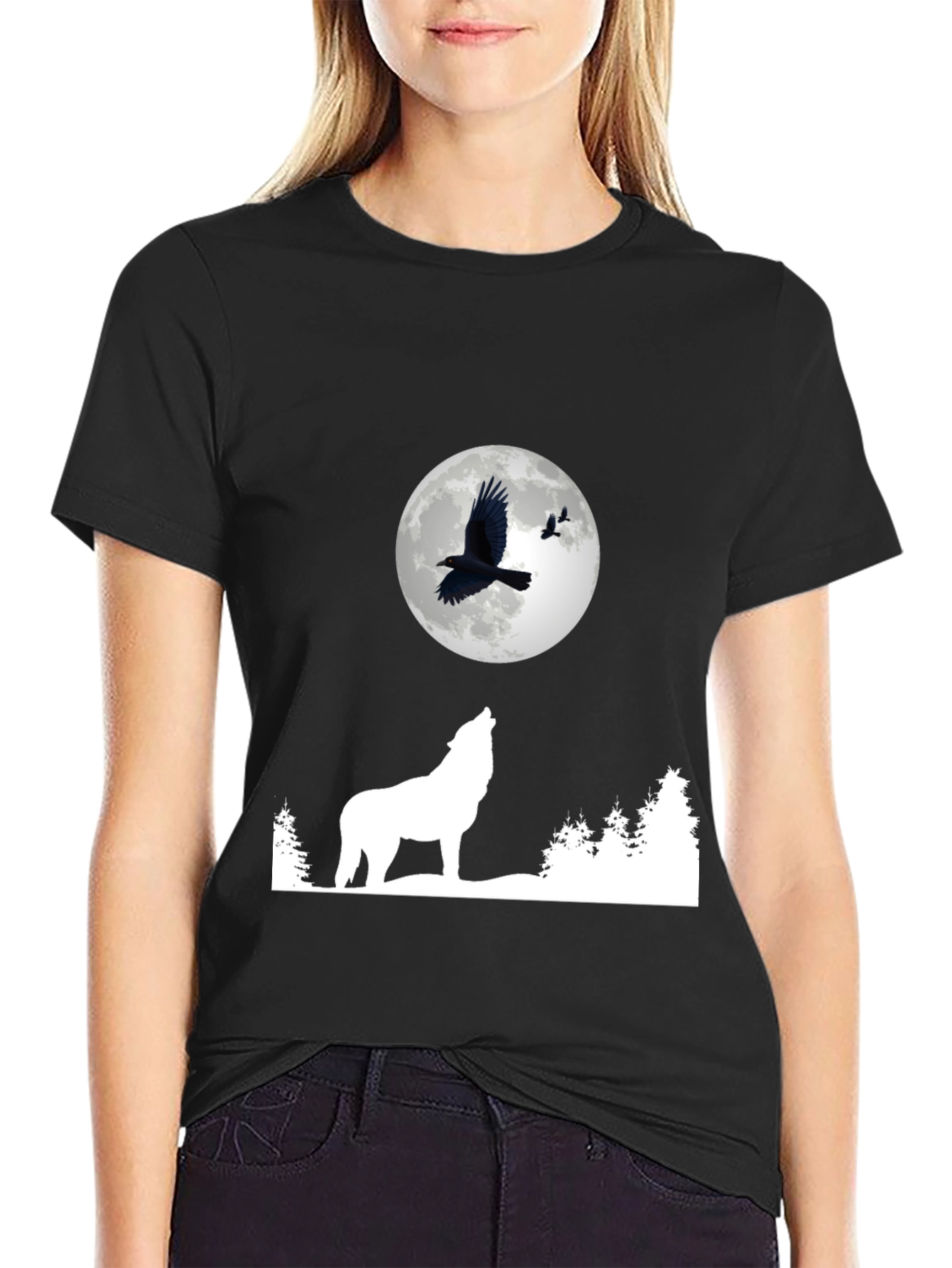 Wolf Moon Raven Graphic Tee - Black