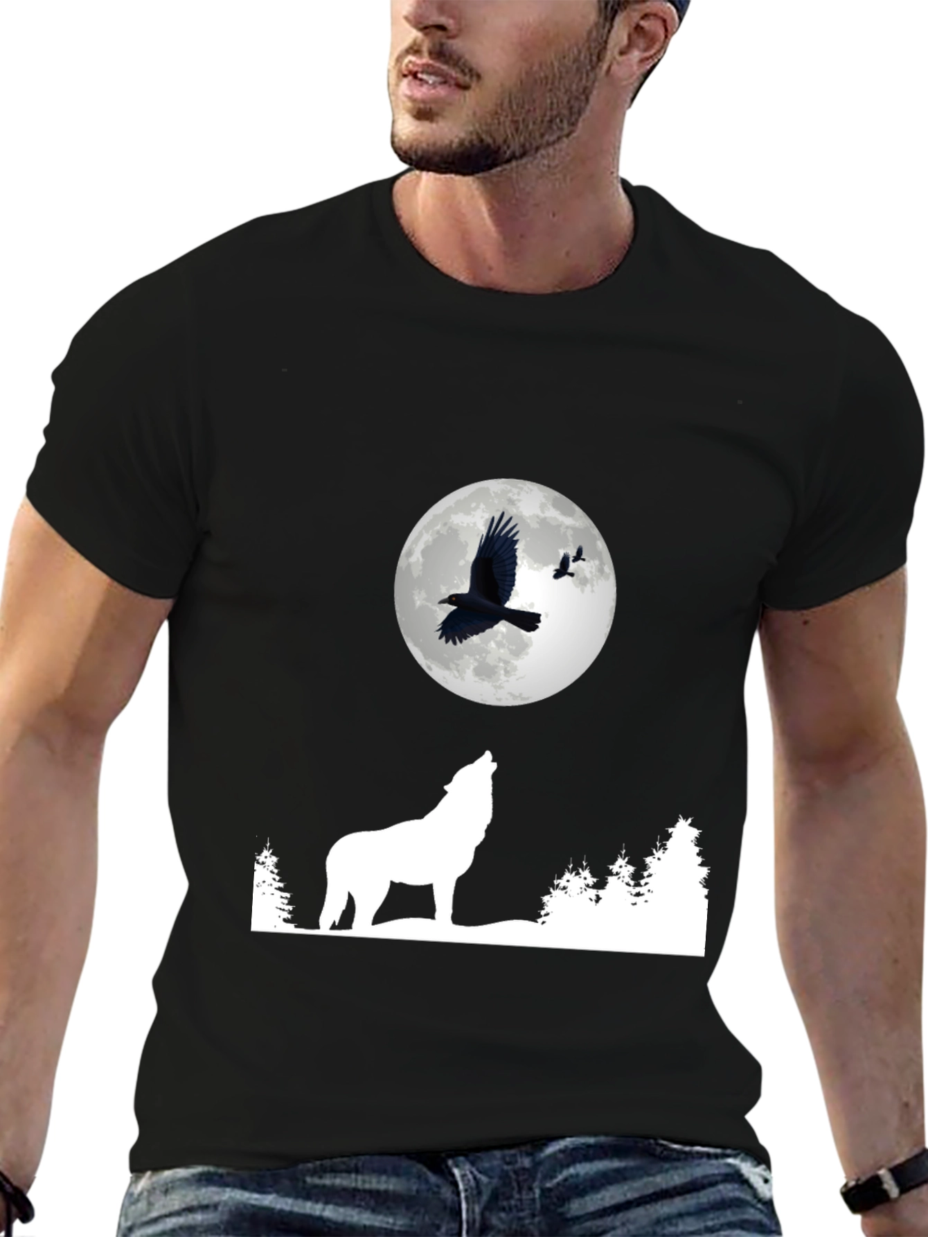 Wolf Moon Raven Graphic Tee - Black