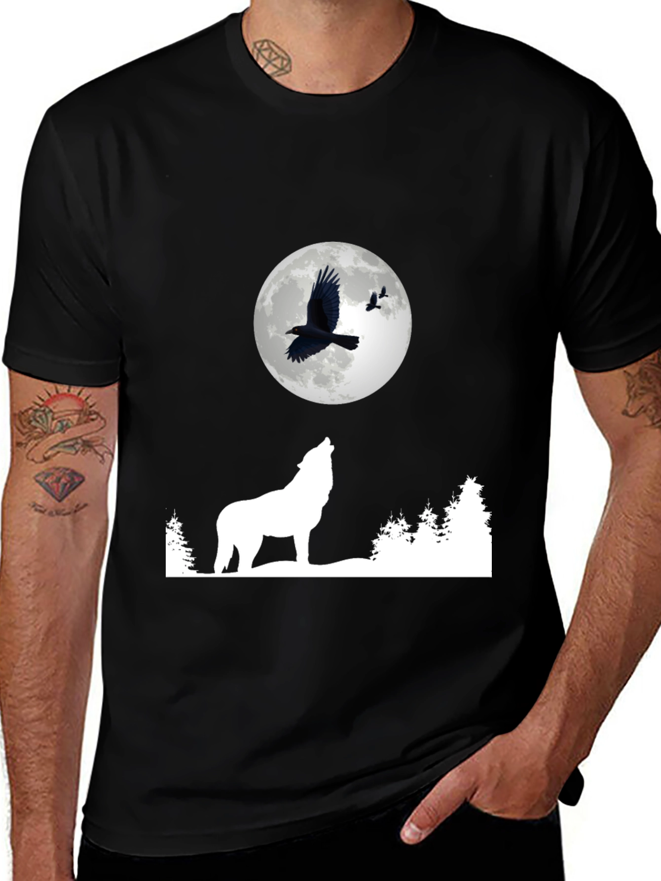 Wolf Moon Raven Graphic Tee - Black