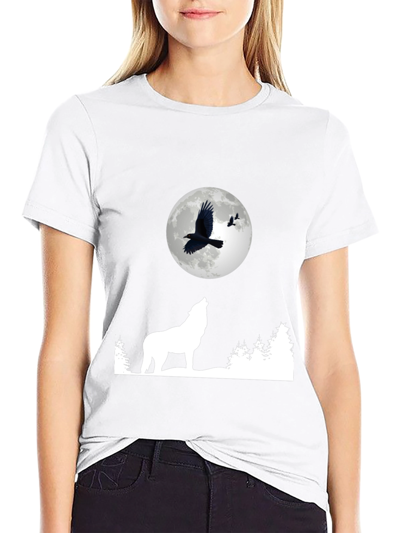 Wolf Moon Raven Graphic Tee - Black