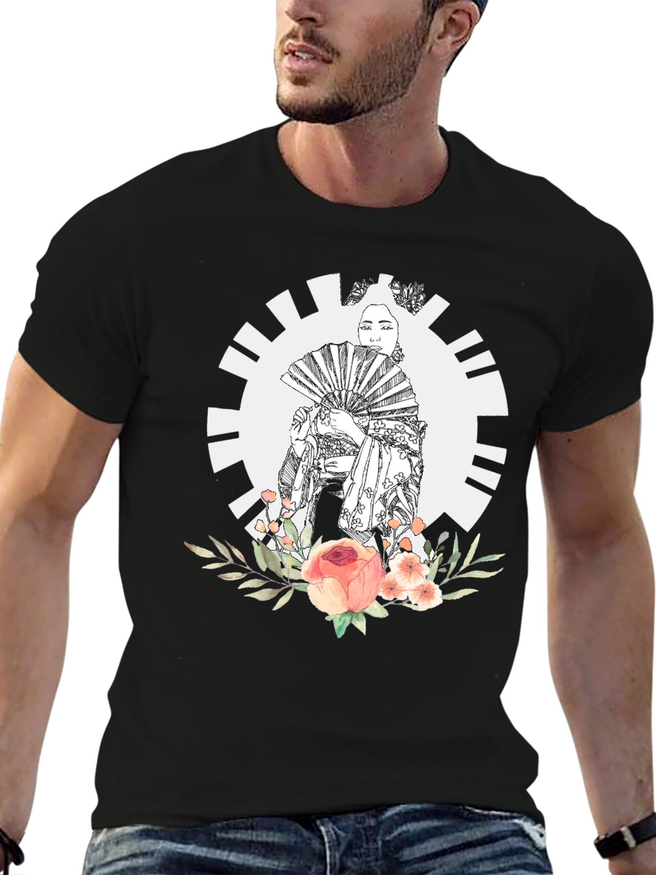 Geisha Floral Graphic Black T-Shirt
