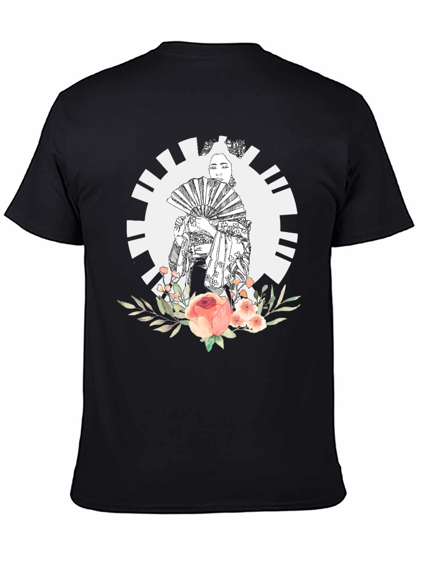 Geisha Floral Graphic Black T-Shirt