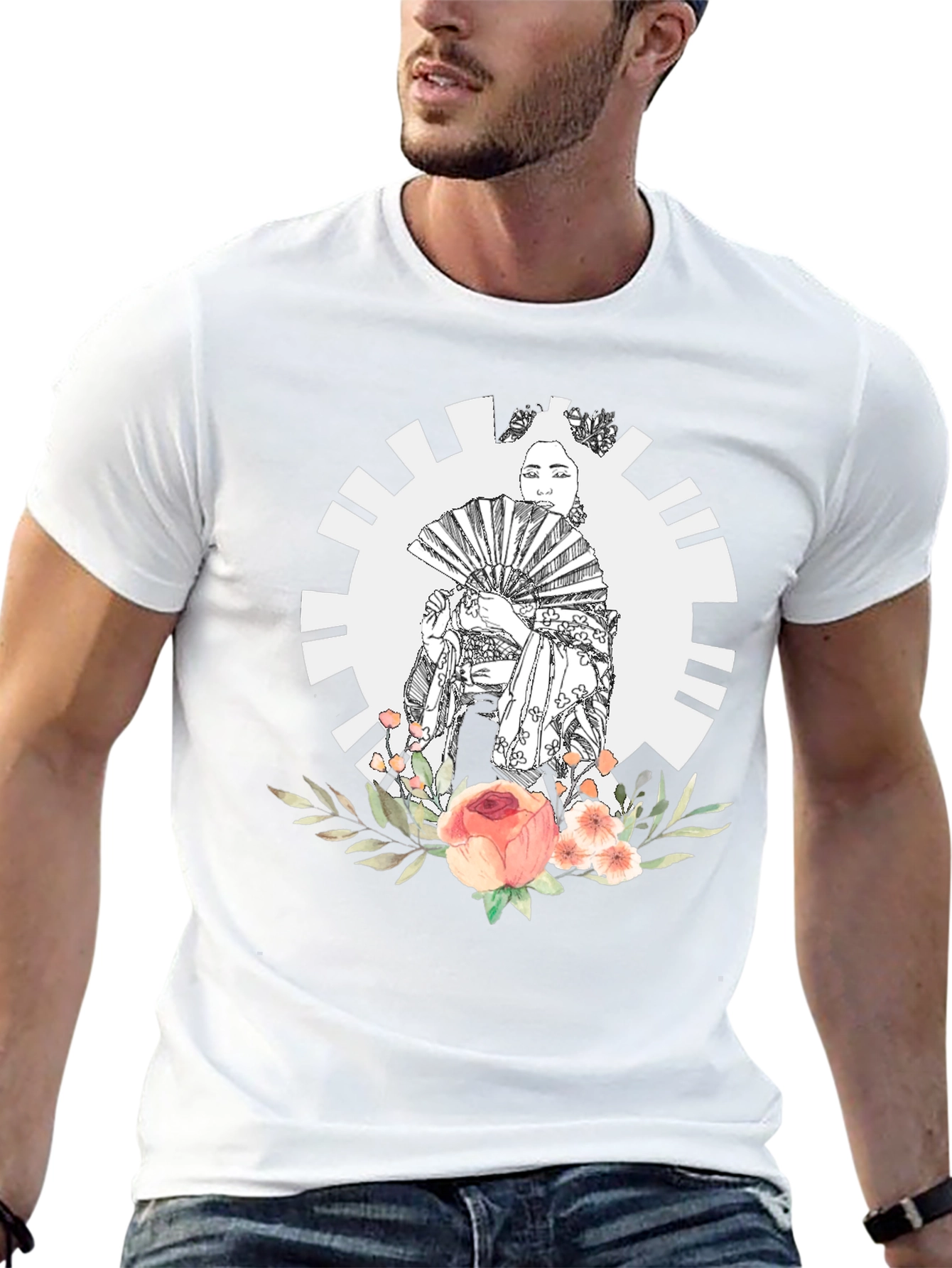 Geisha Floral Graphic Black T-Shirt