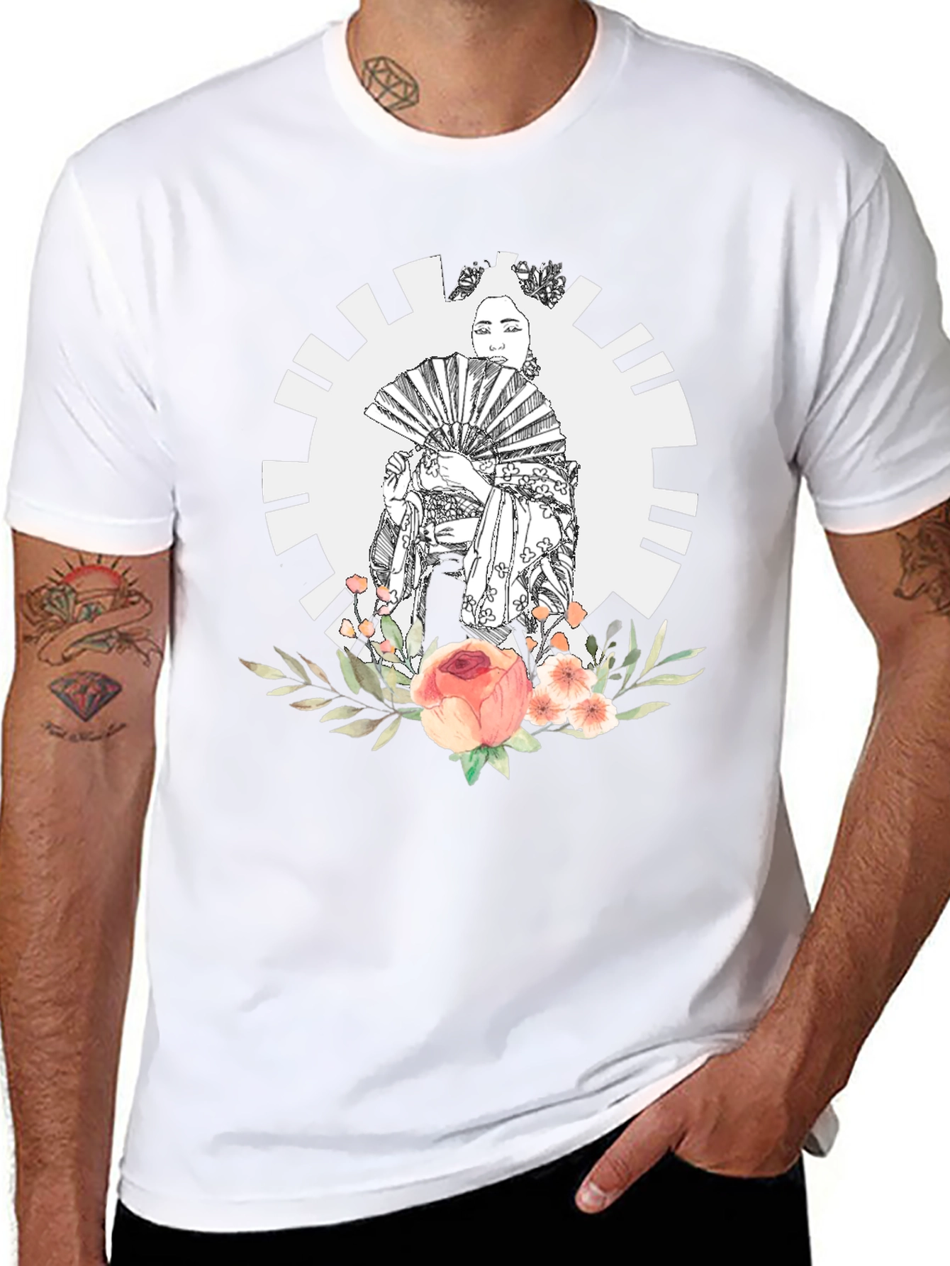 Geisha Floral Graphic Black T-Shirt