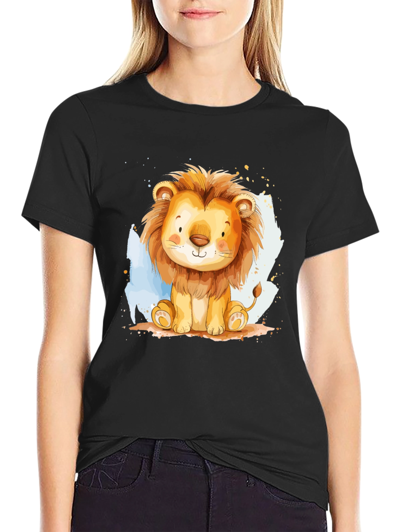 Cute Lion Graphic Tee - Black Cotton T-Shirt