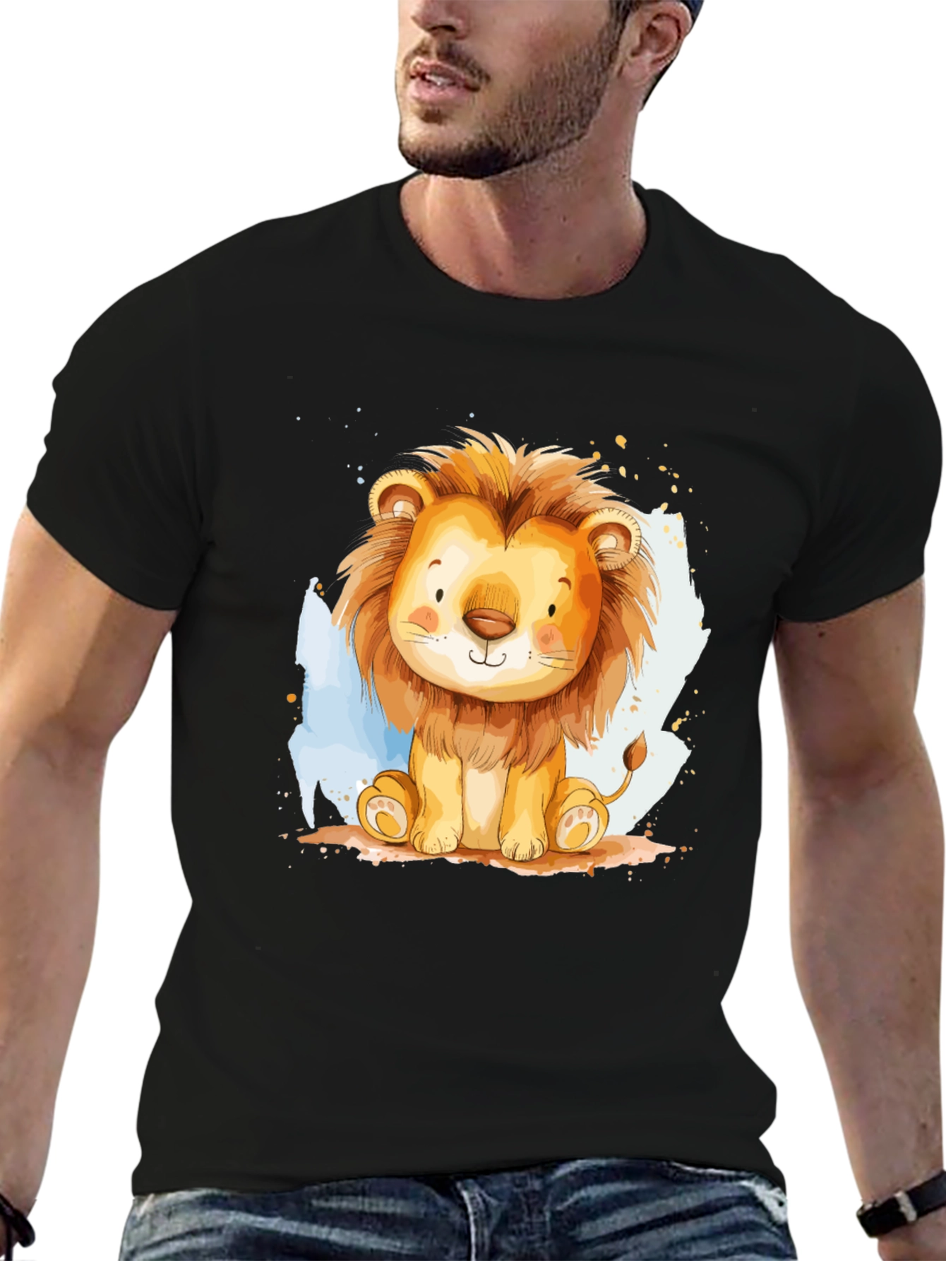 Cute Lion Graphic Tee - Black Cotton T-Shirt